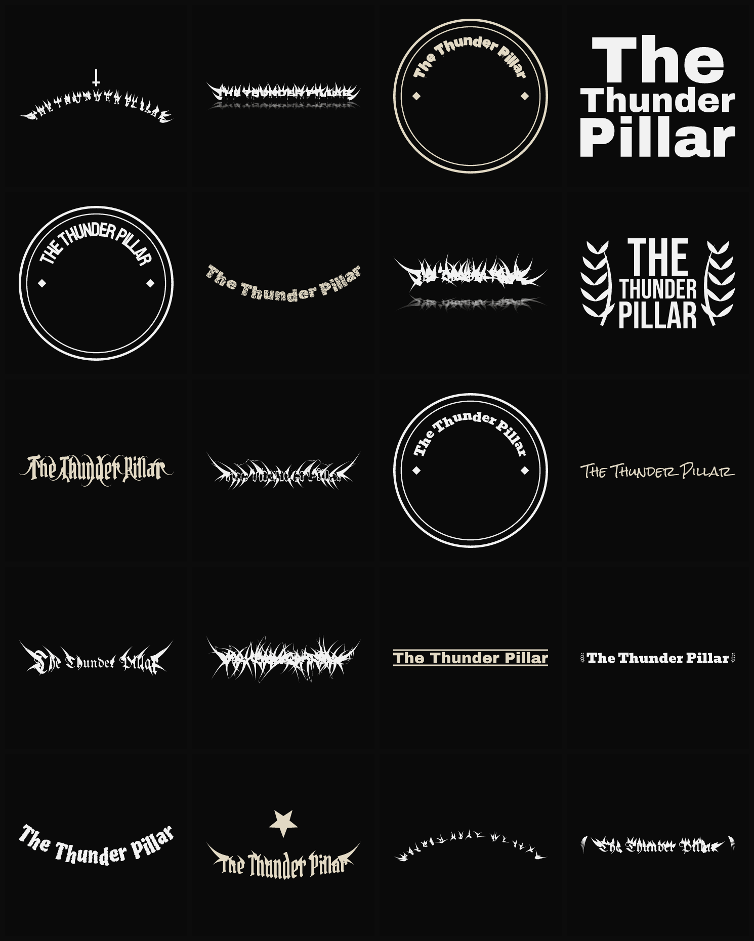 Twenty The Thunder Pillar band logo ideas — different faces, treatments and spike settings