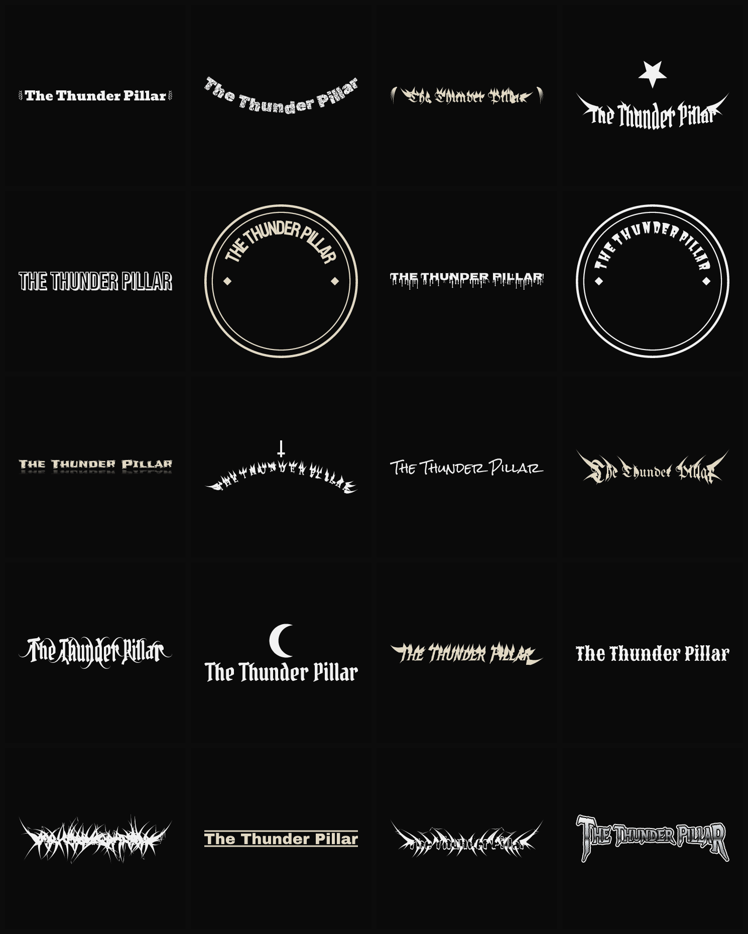 Twenty The Thunder Pillar band logo ideas — different faces, treatments and spike settings
