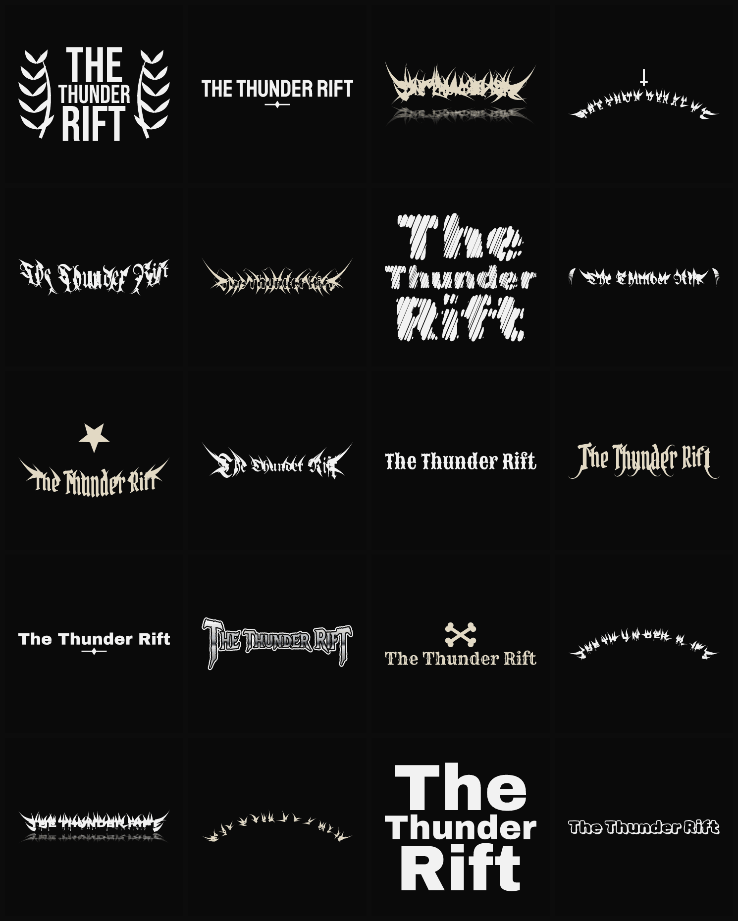 Twenty The Thunder Rift band logo ideas — different faces, treatments and spike settings