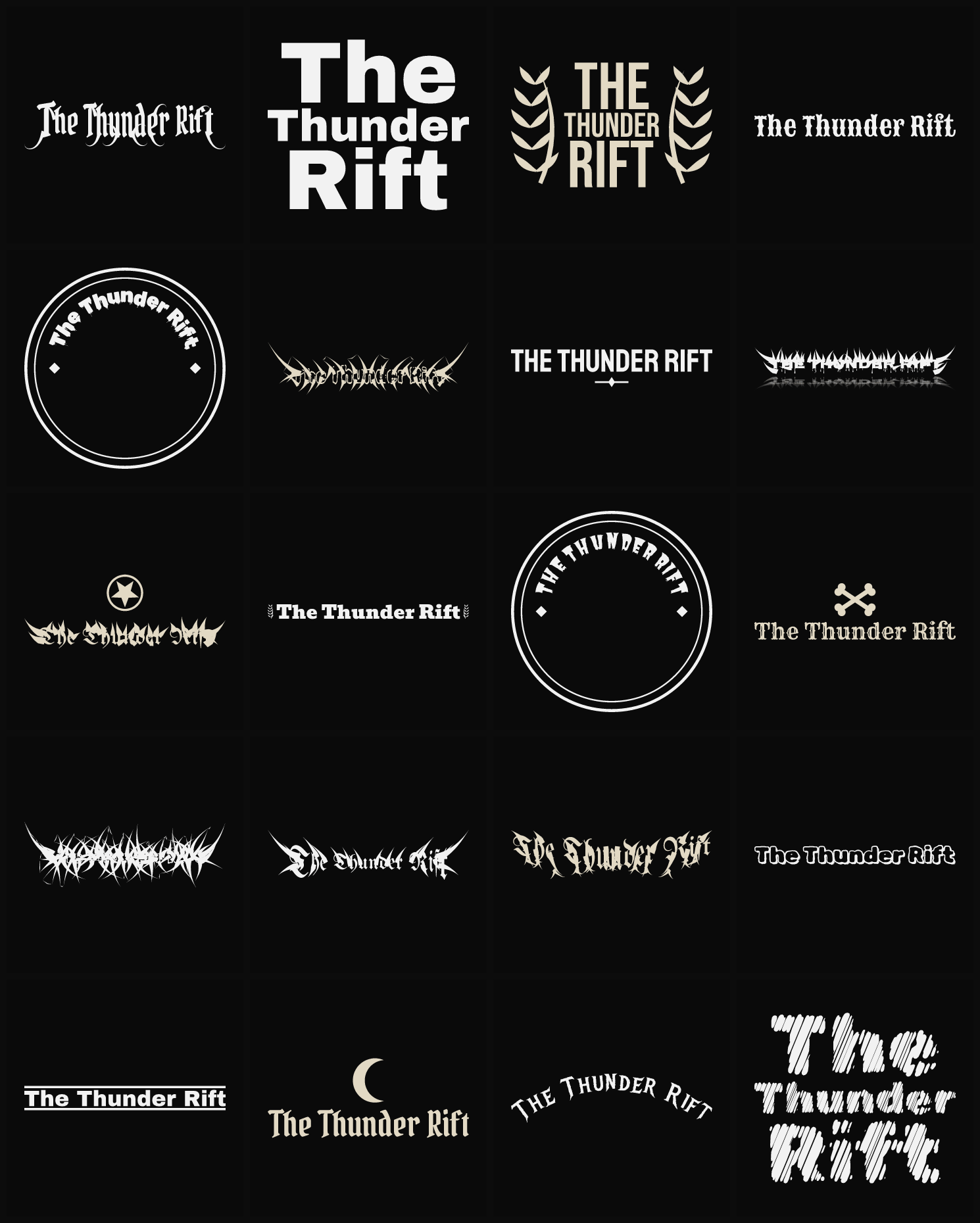 Twenty The Thunder Rift band logo ideas — different faces, treatments and spike settings
