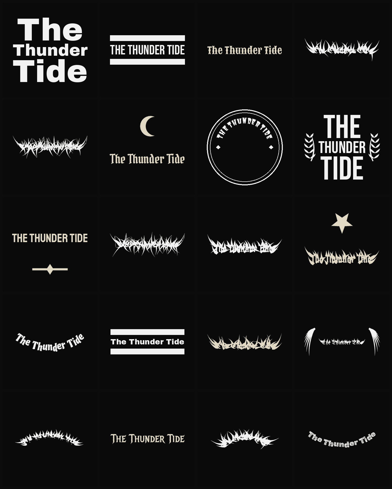 Twenty The Thunder Tide band logo ideas — different faces, treatments and spike settings