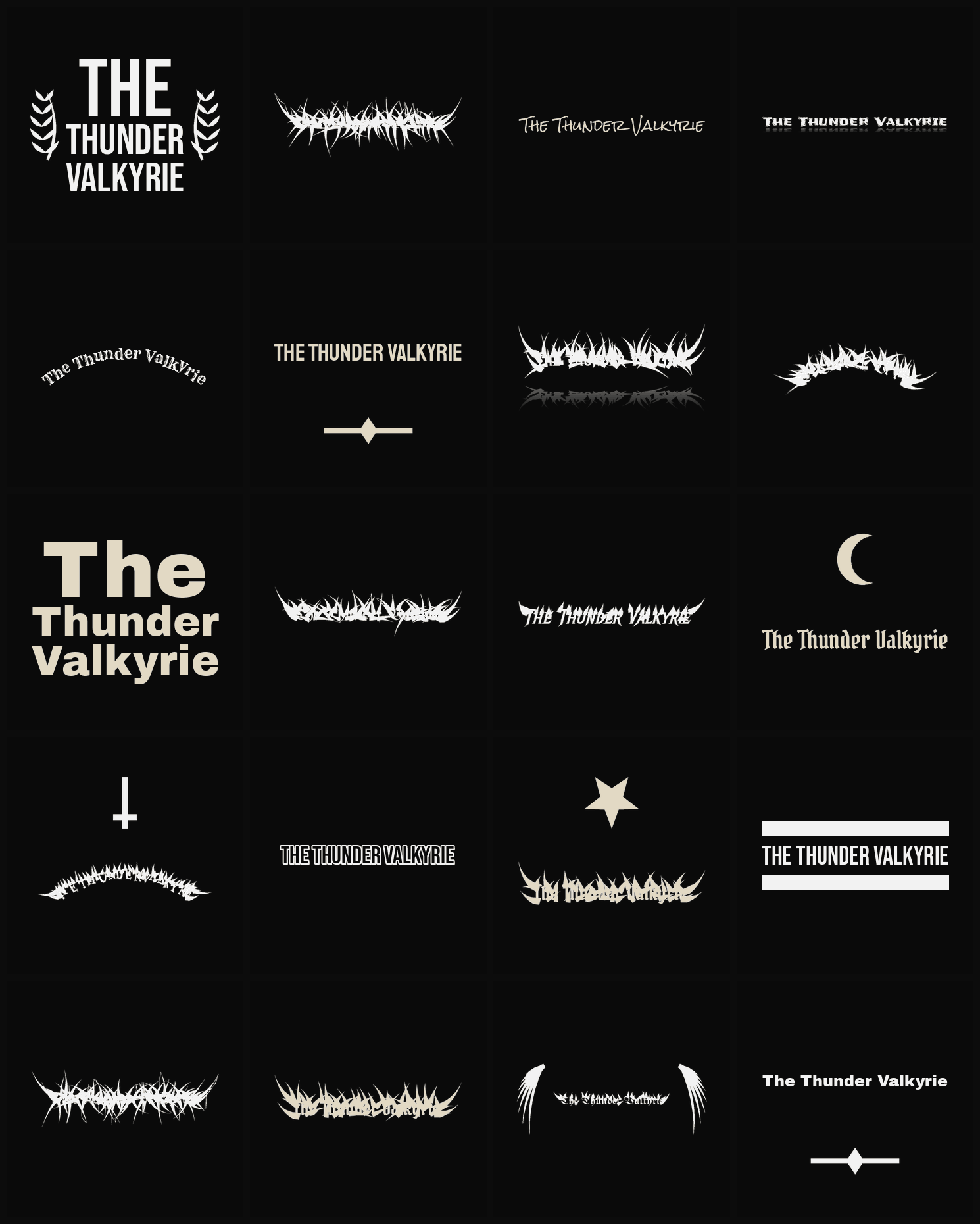 Twenty The Thunder Valkyrie band logo ideas — different faces, treatments and spike settings