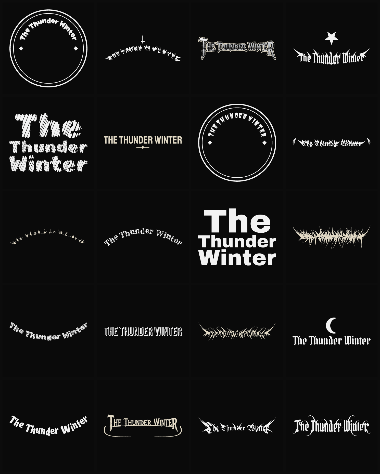 Twenty The Thunder Winter band logo ideas — different faces, treatments and spike settings