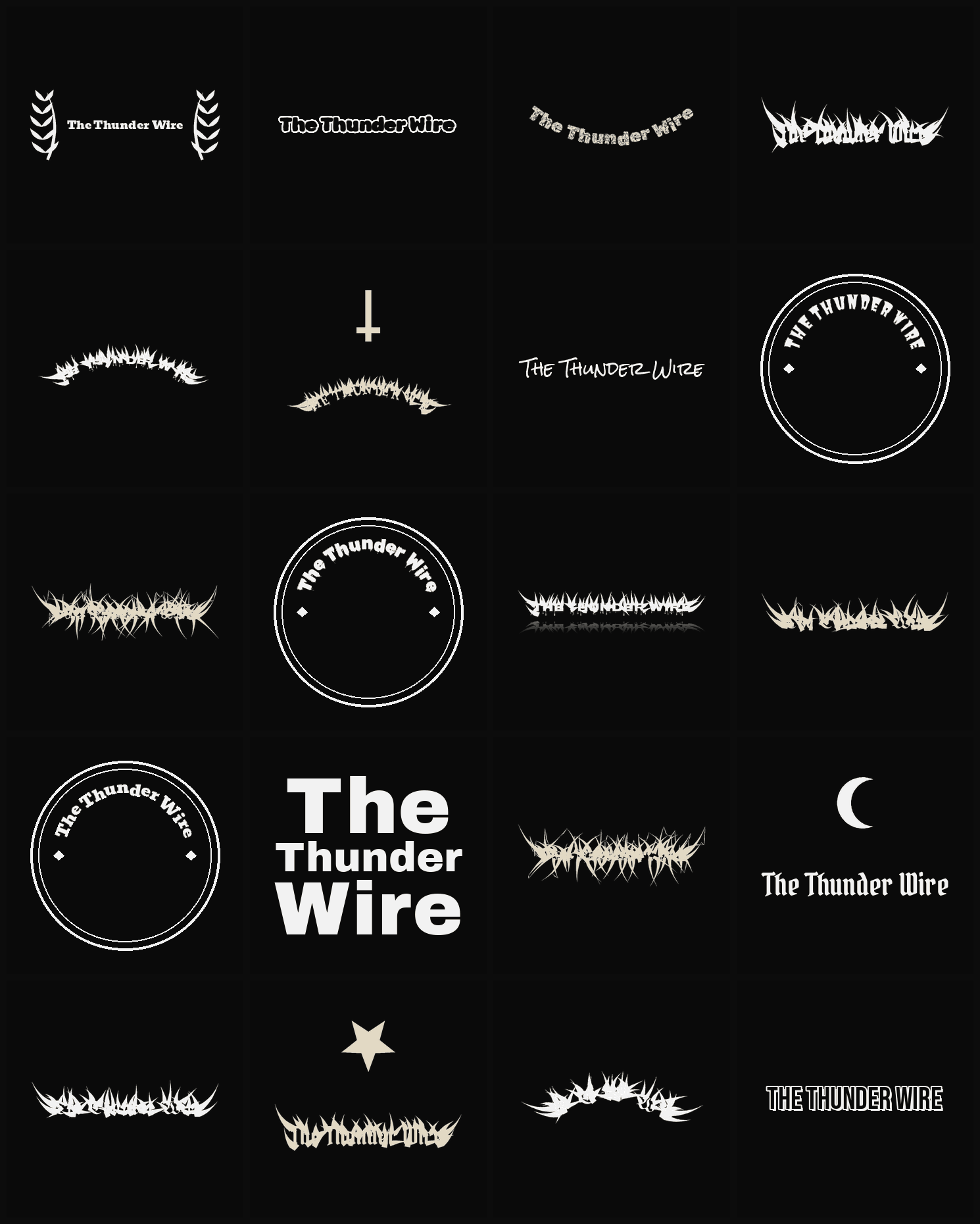 Twenty The Thunder Wire band logo ideas — different faces, treatments and spike settings