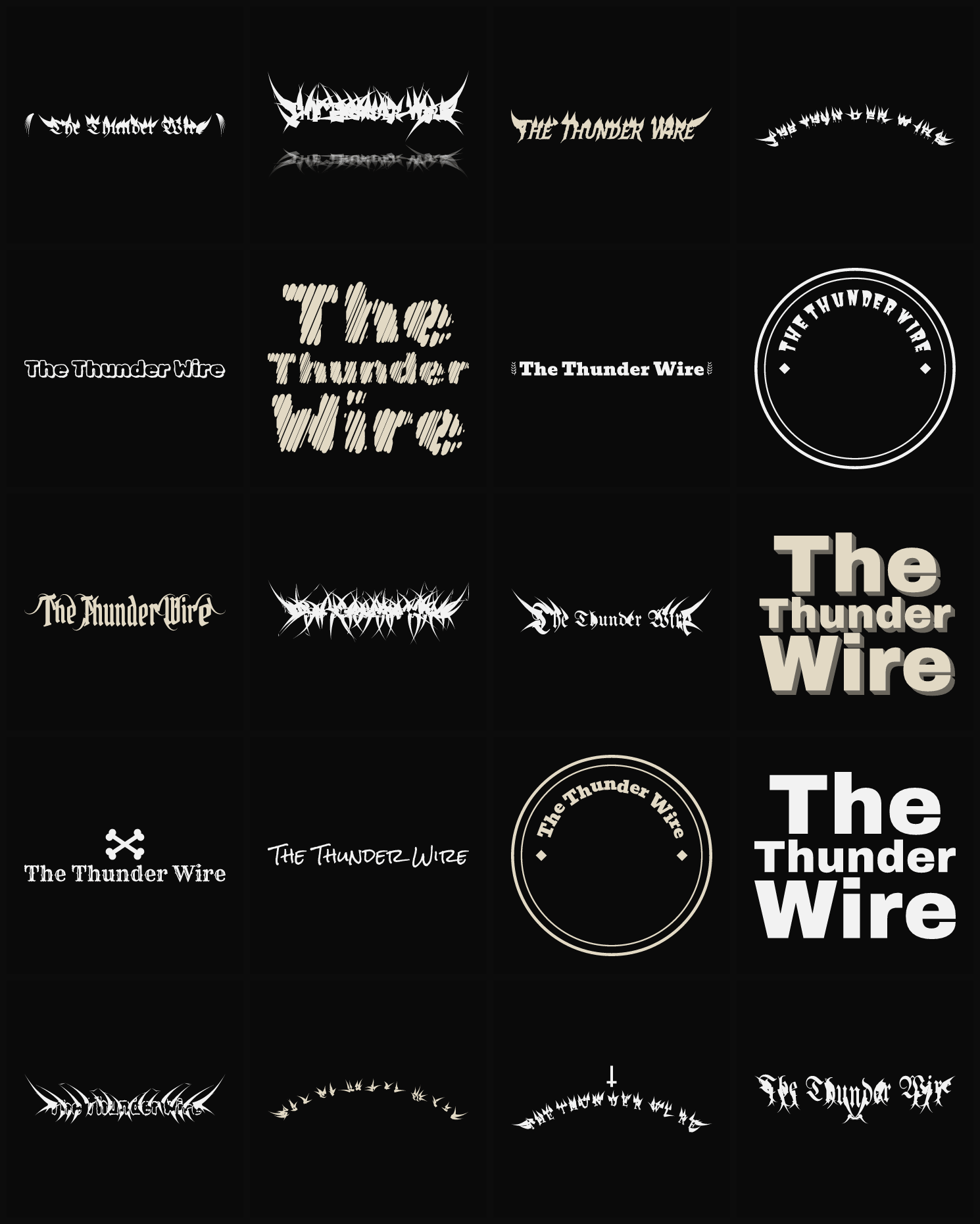 Twenty The Thunder Wire band logo ideas — different faces, treatments and spike settings