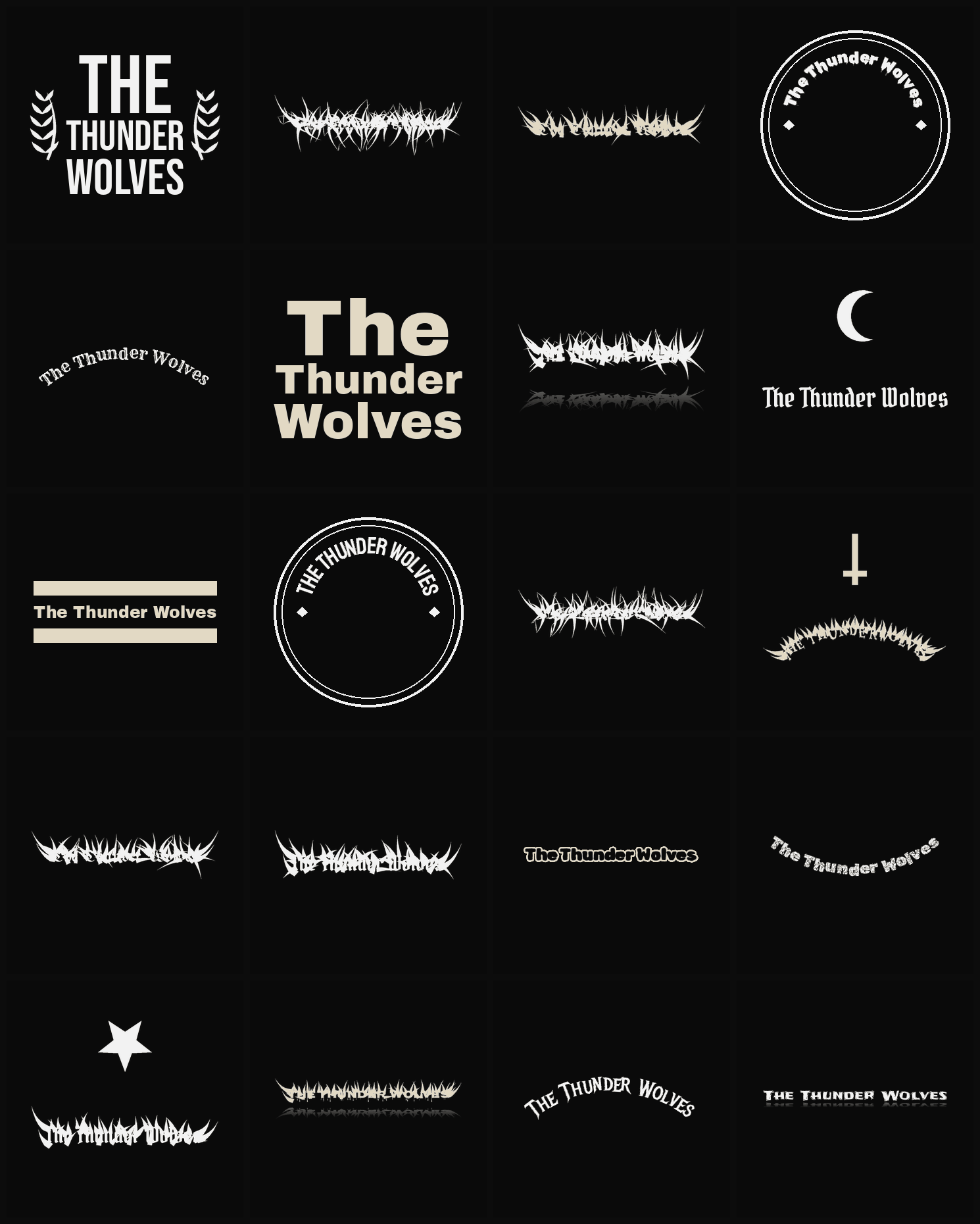 Twenty The Thunder Wolves band logo ideas — different faces, treatments and spike settings