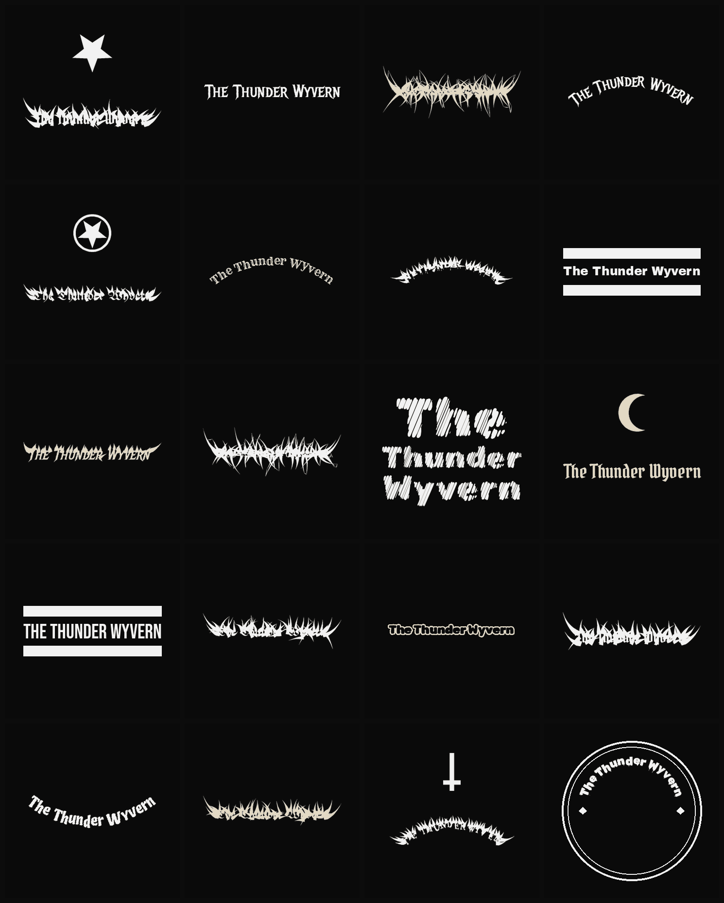 Twenty The Thunder Wyvern band logo ideas — different faces, treatments and spike settings