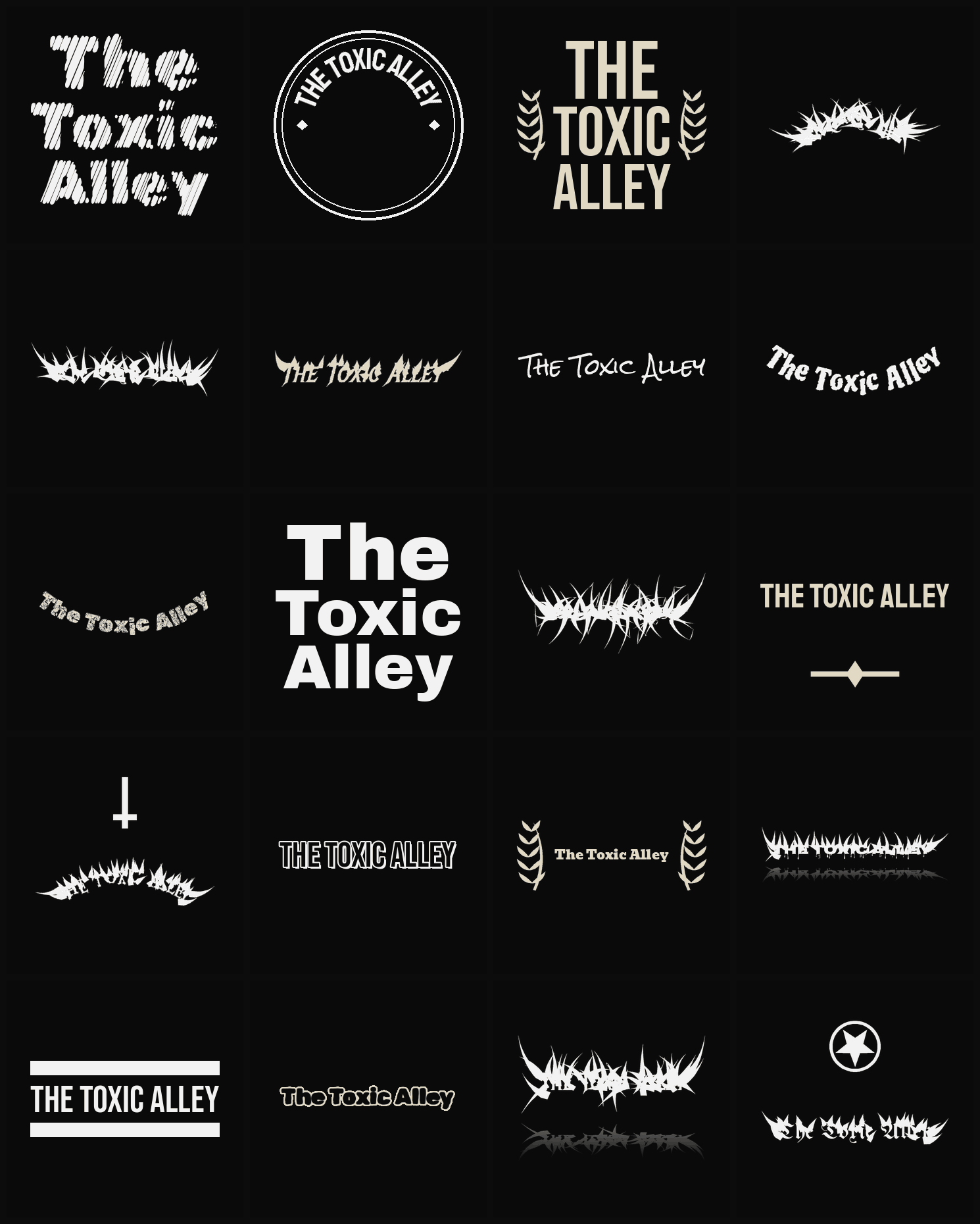 Twenty The Toxic Alley band logo ideas — different faces, treatments and spike settings