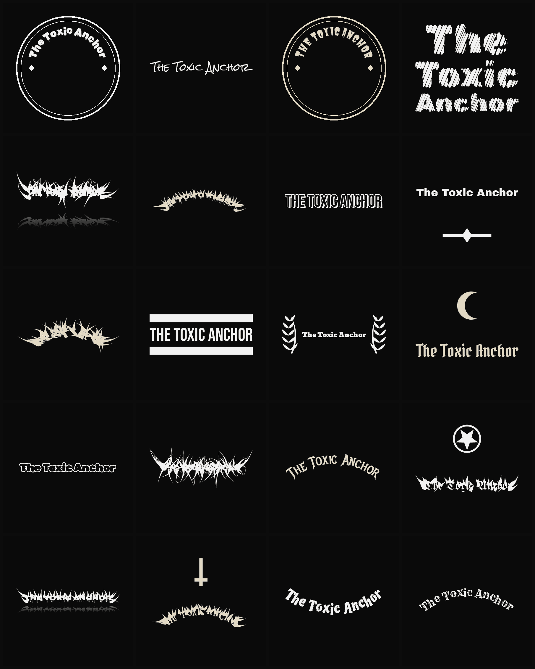 Twenty The Toxic Anchor band logo ideas — different faces, treatments and spike settings