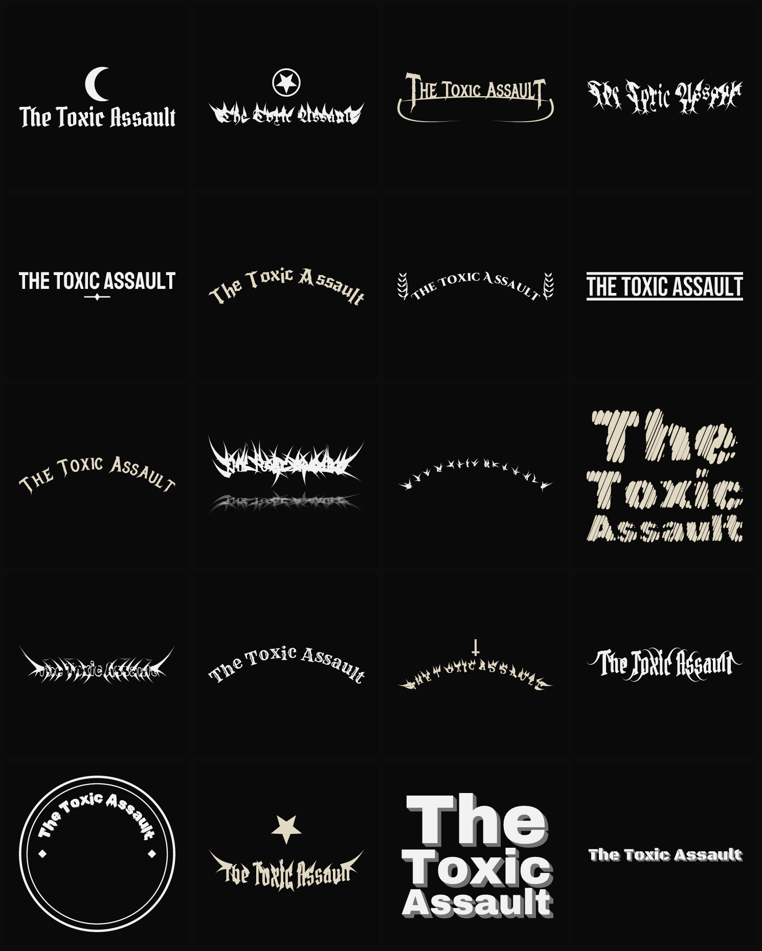 Twenty The Toxic Assault band logo ideas — different faces, treatments and spike settings