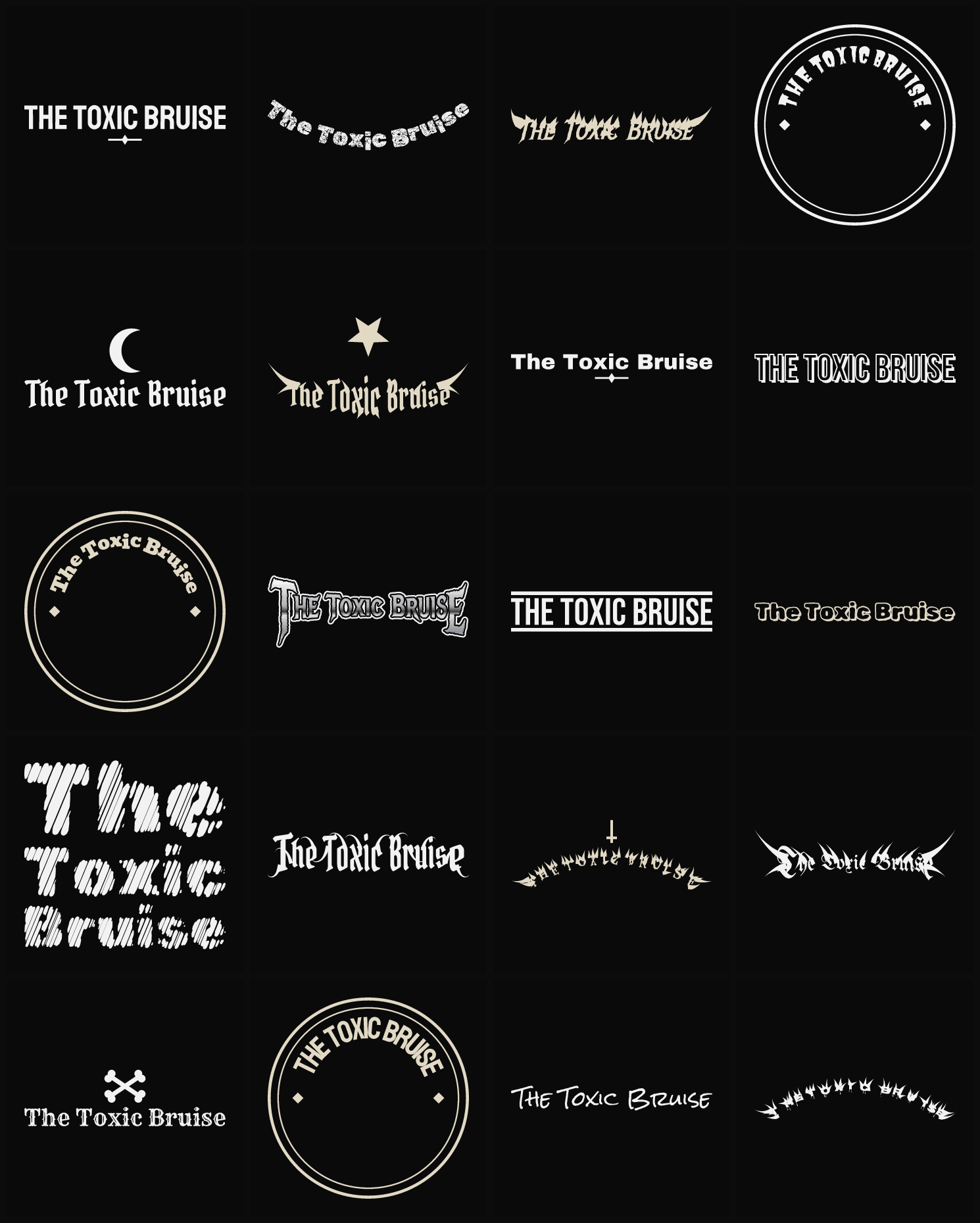 Twenty The Toxic Bruise band logo ideas — different faces, treatments and spike settings