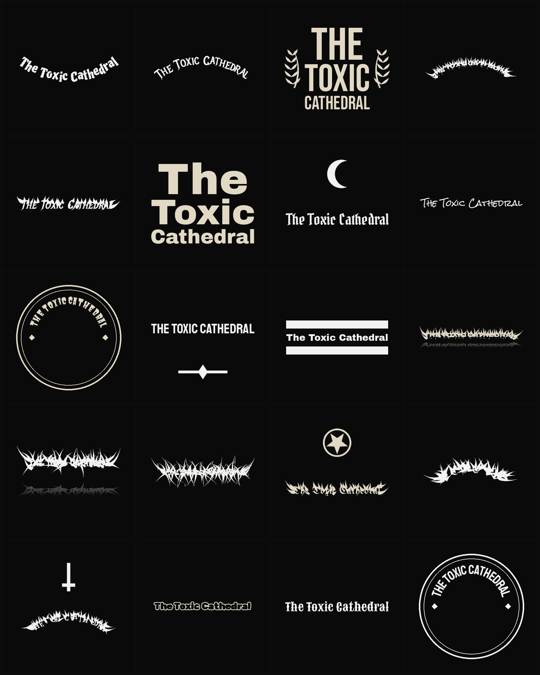 Twenty The Toxic Cathedral band logo ideas — different faces, treatments and spike settings