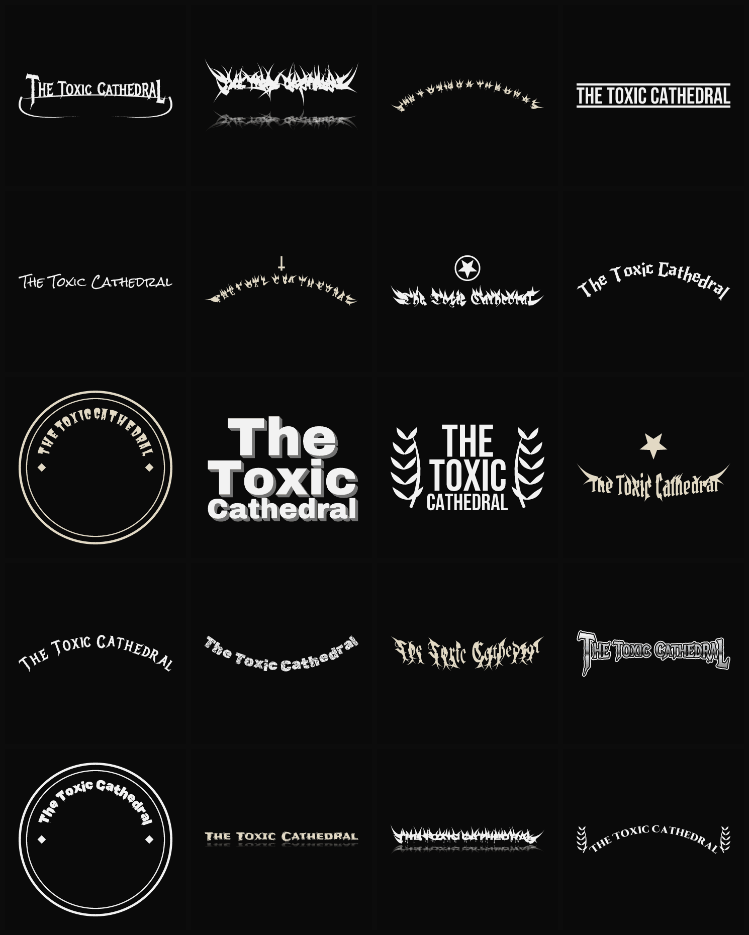 Twenty The Toxic Cathedral band logo ideas — different faces, treatments and spike settings