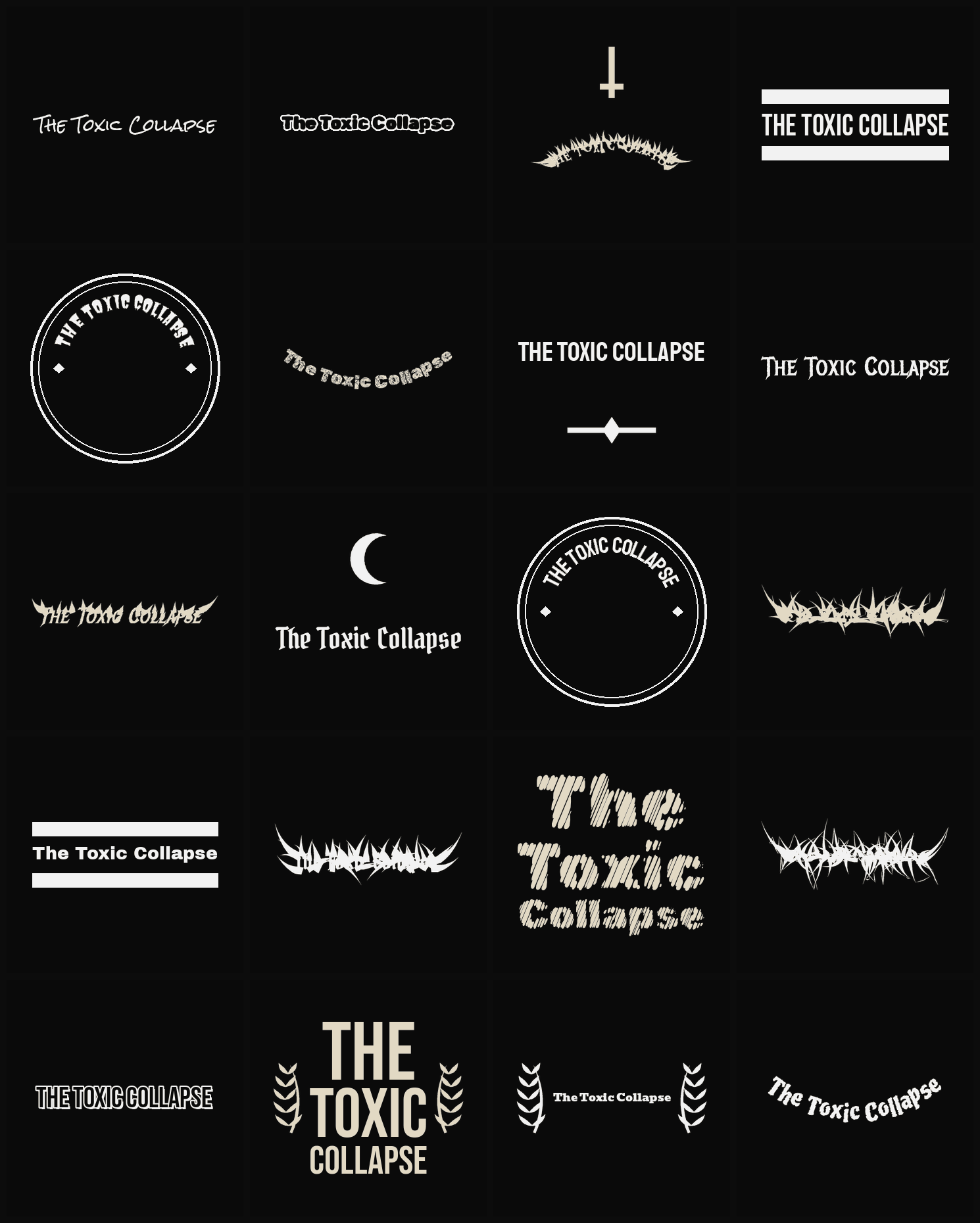 Twenty The Toxic Collapse band logo ideas — different faces, treatments and spike settings