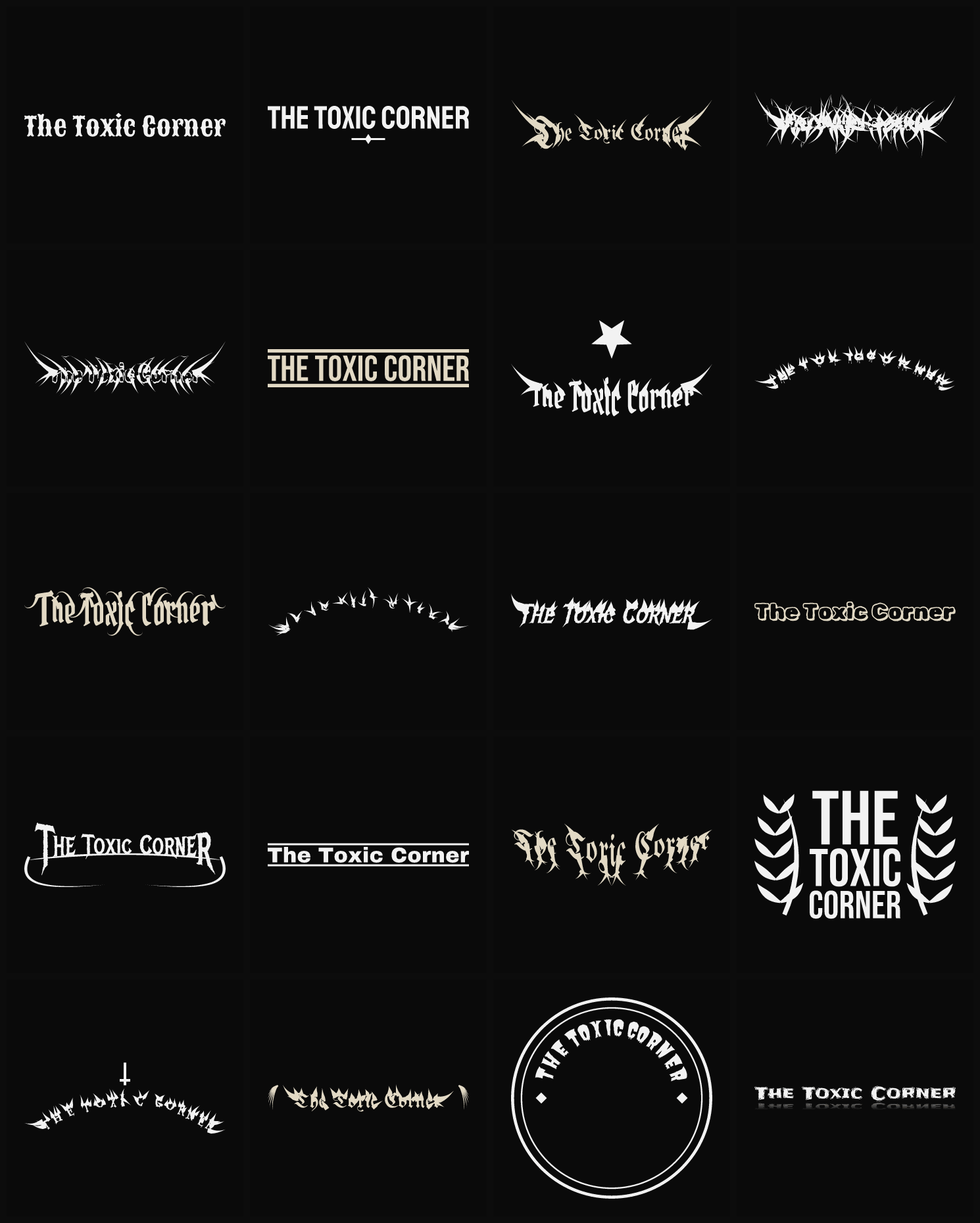 Twenty The Toxic Corner band logo ideas — different faces, treatments and spike settings