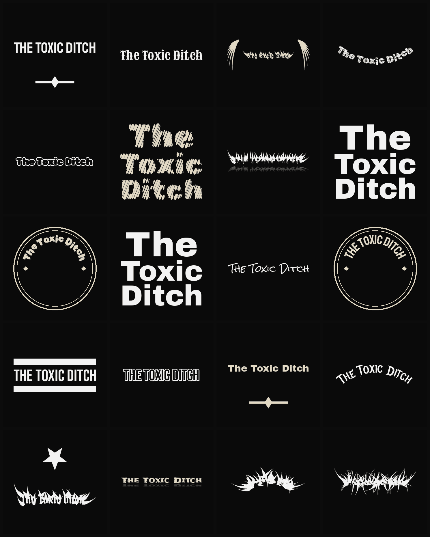 Twenty The Toxic Ditch band logo ideas — different faces, treatments and spike settings
