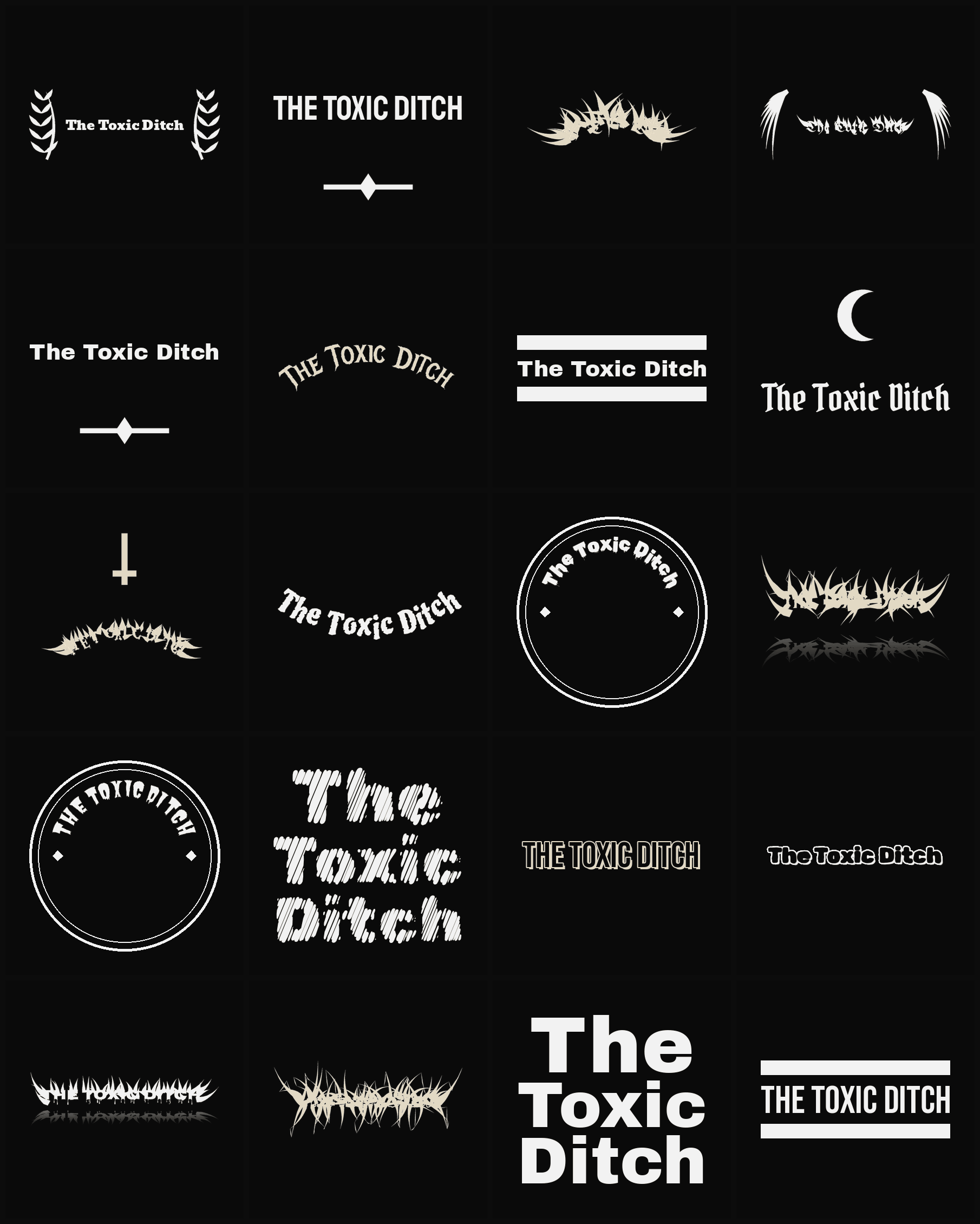 Twenty The Toxic Ditch band logo ideas — different faces, treatments and spike settings