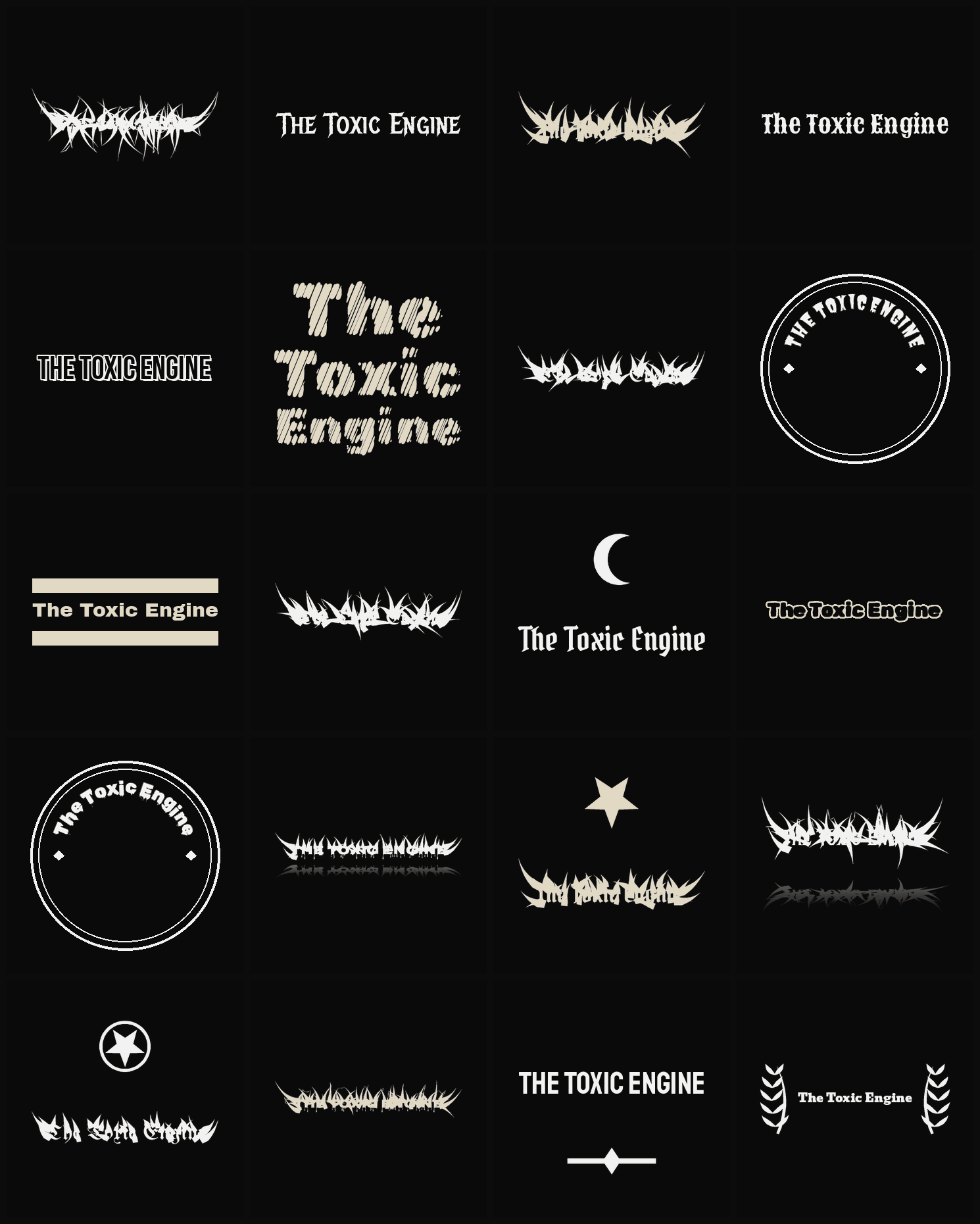 Twenty The Toxic Engine band logo ideas — different faces, treatments and spike settings