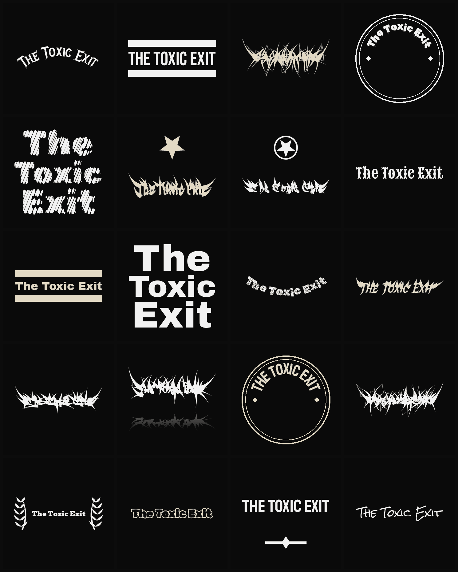 Twenty The Toxic Exit band logo ideas — different faces, treatments and spike settings