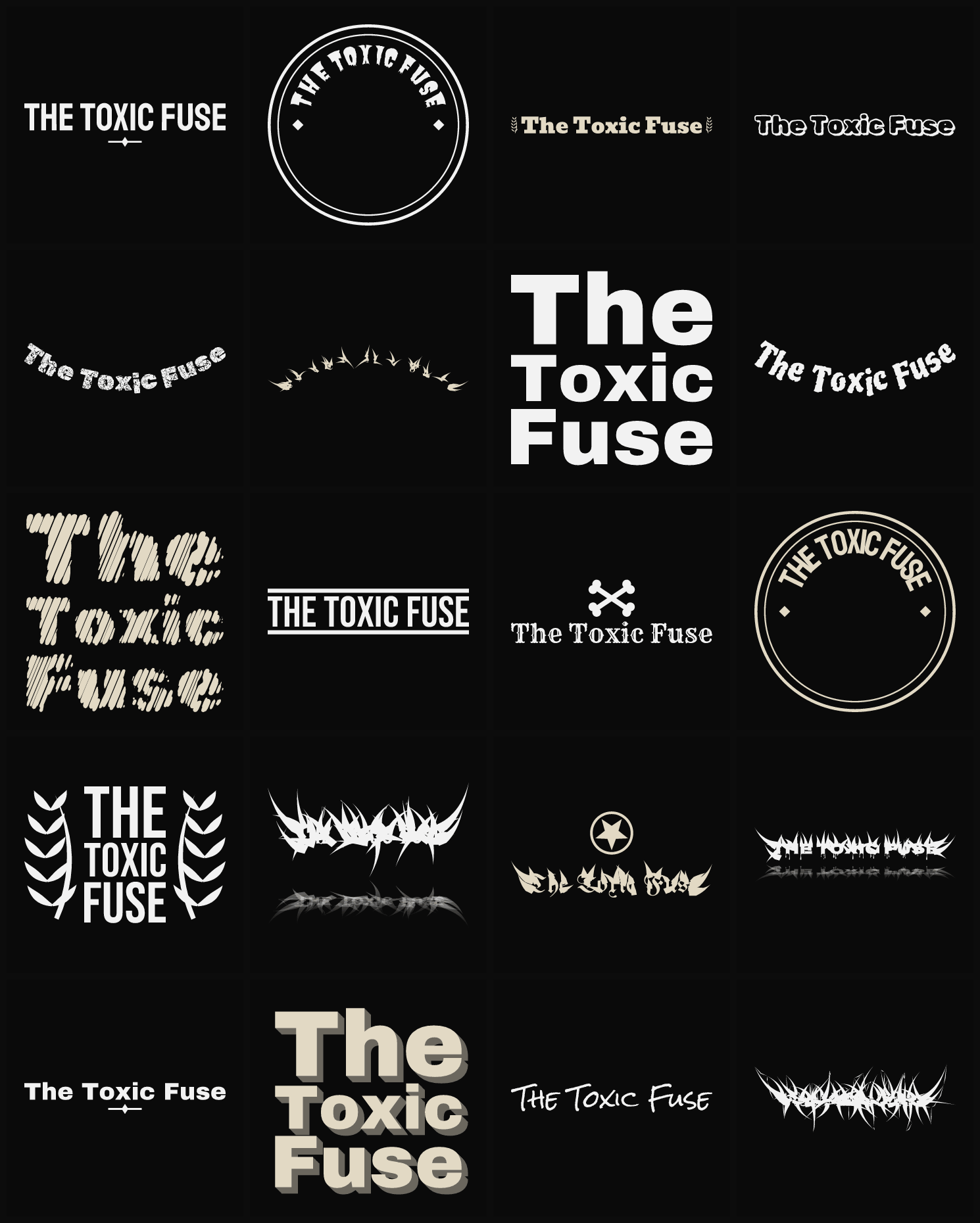 Twenty The Toxic Fuse band logo ideas — different faces, treatments and spike settings
