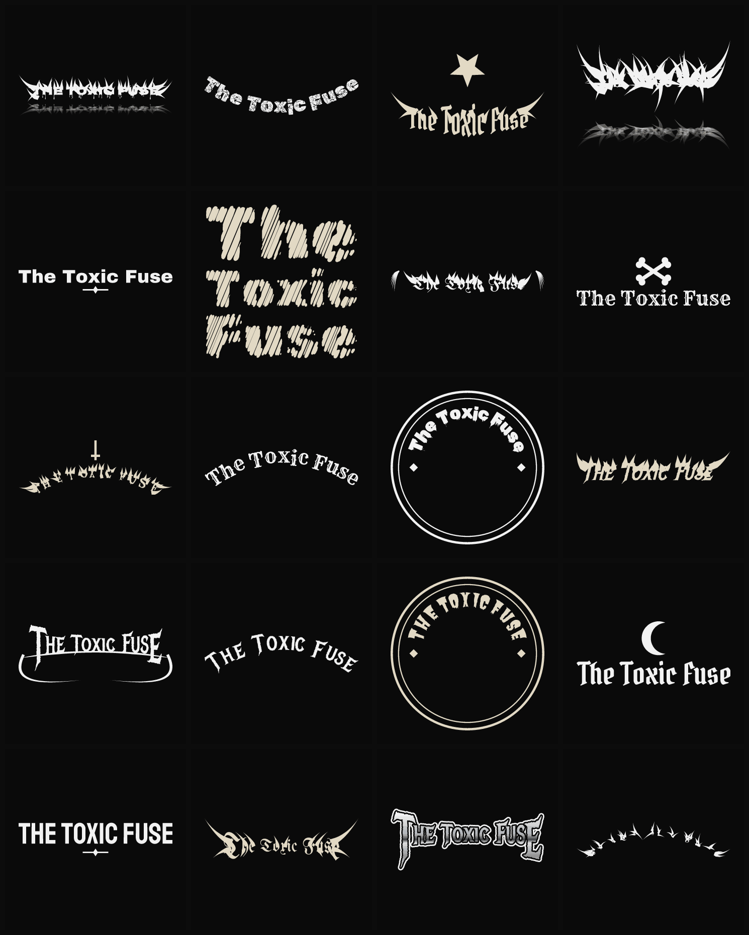 Twenty The Toxic Fuse band logo ideas — different faces, treatments and spike settings
