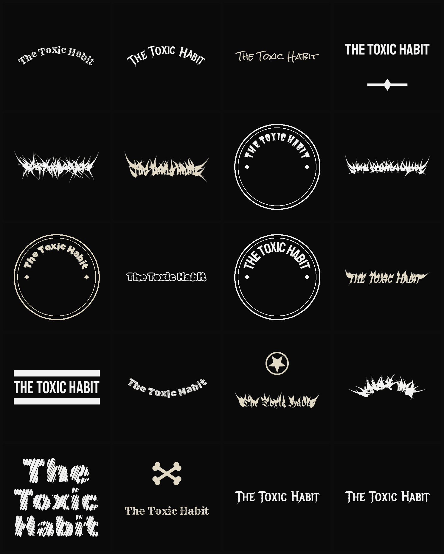 Twenty The Toxic Habit band logo ideas — different faces, treatments and spike settings