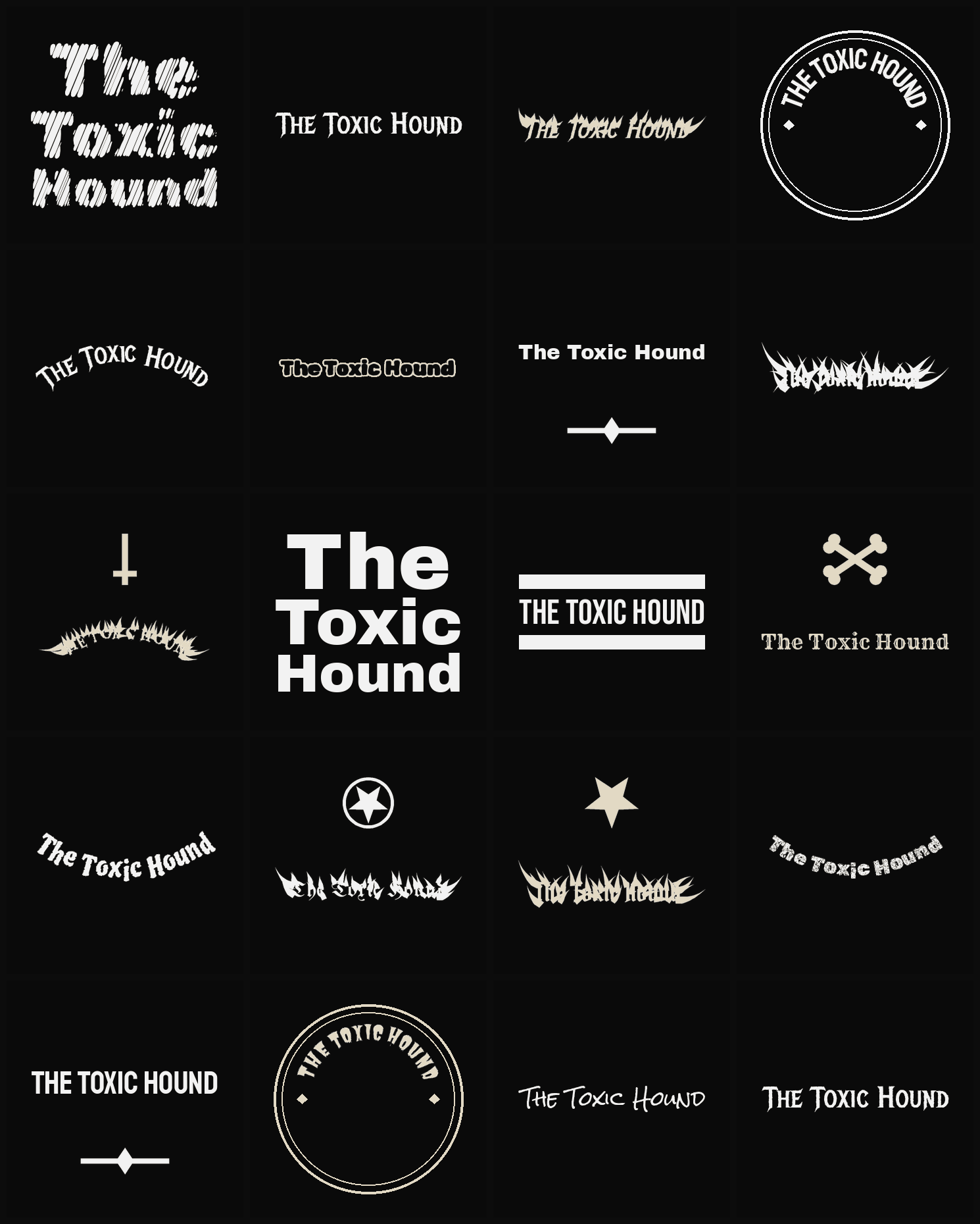 Twenty The Toxic Hound band logo ideas — different faces, treatments and spike settings