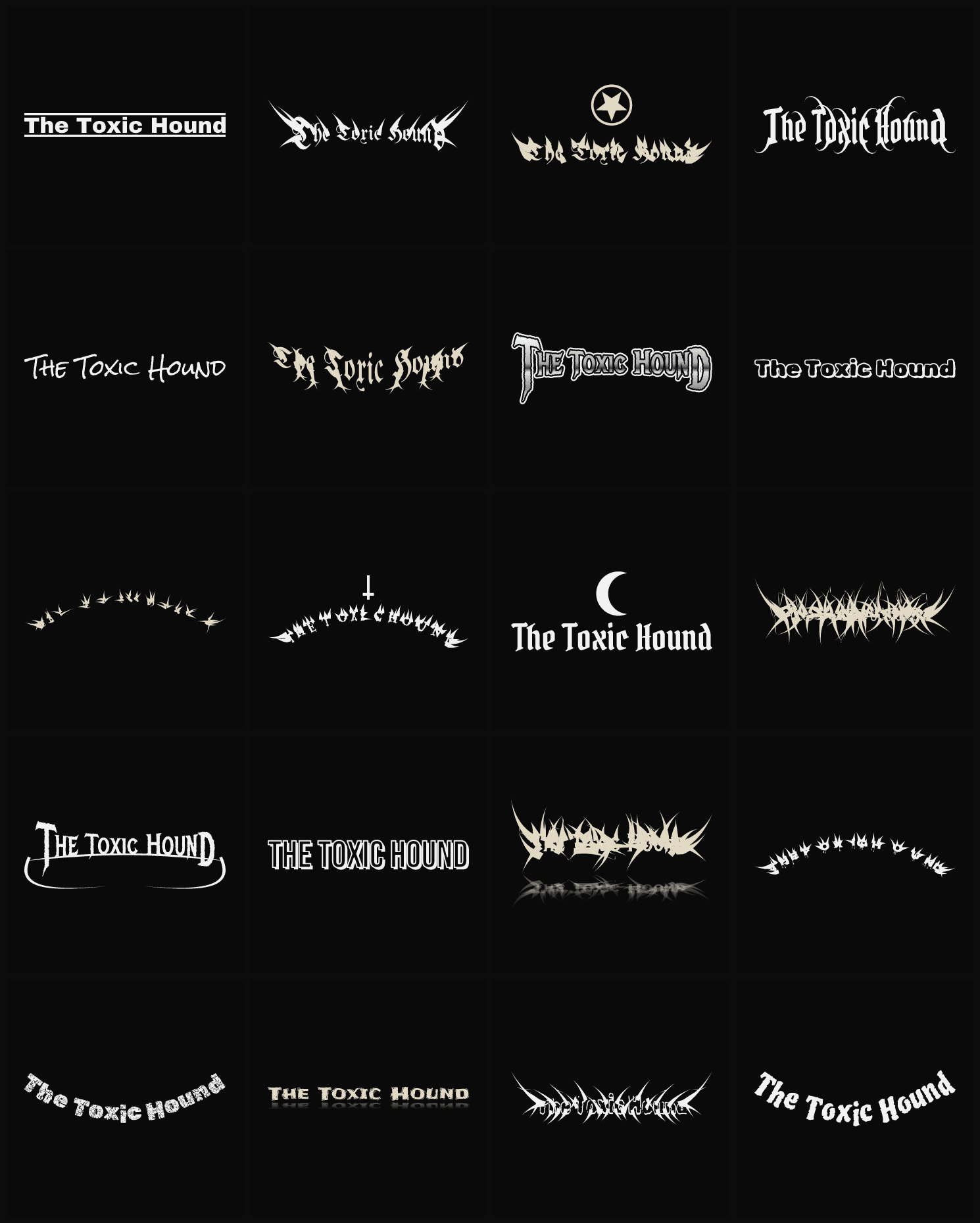 Twenty The Toxic Hound band logo ideas — different faces, treatments and spike settings