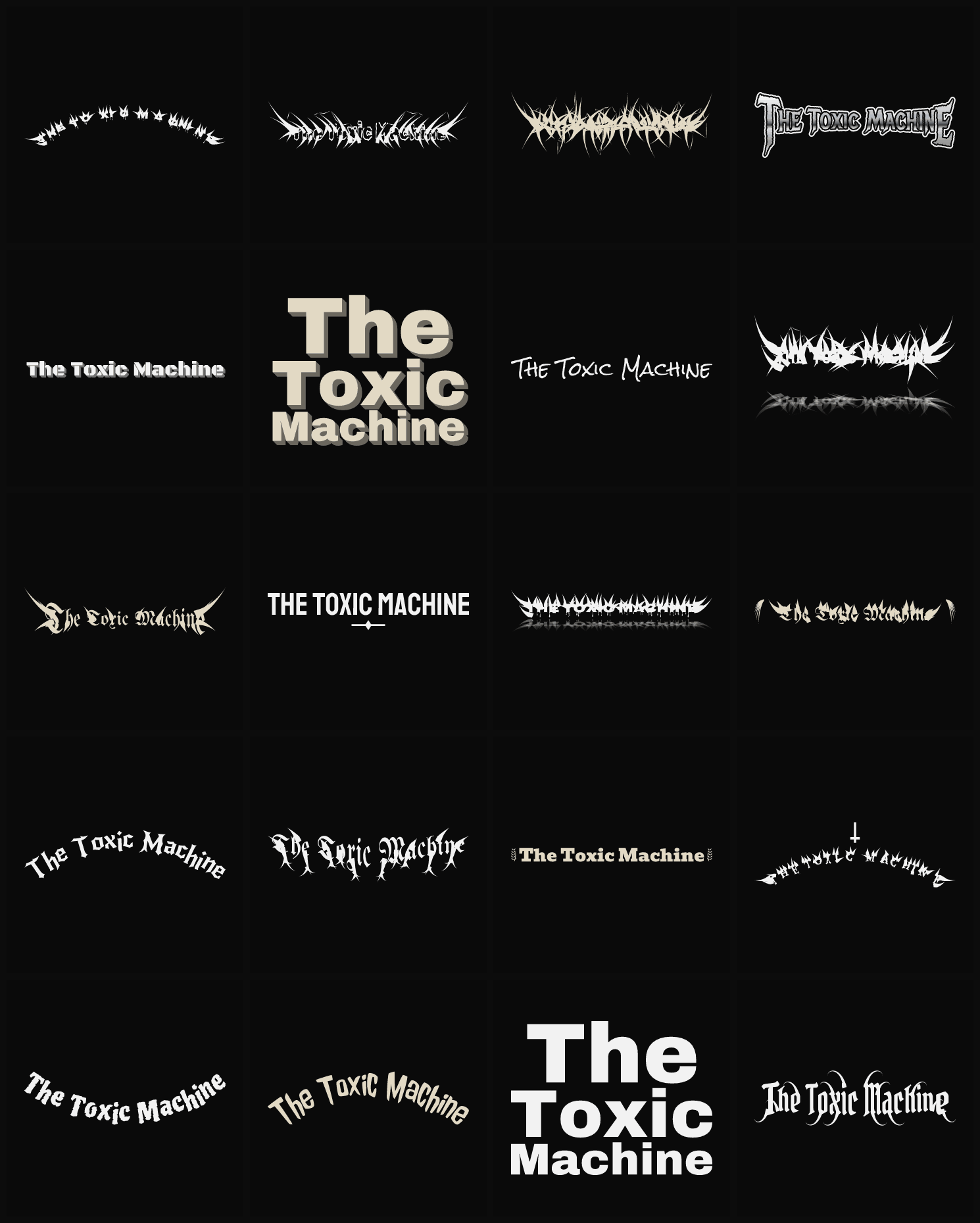 Twenty The Toxic Machine band logo ideas — different faces, treatments and spike settings