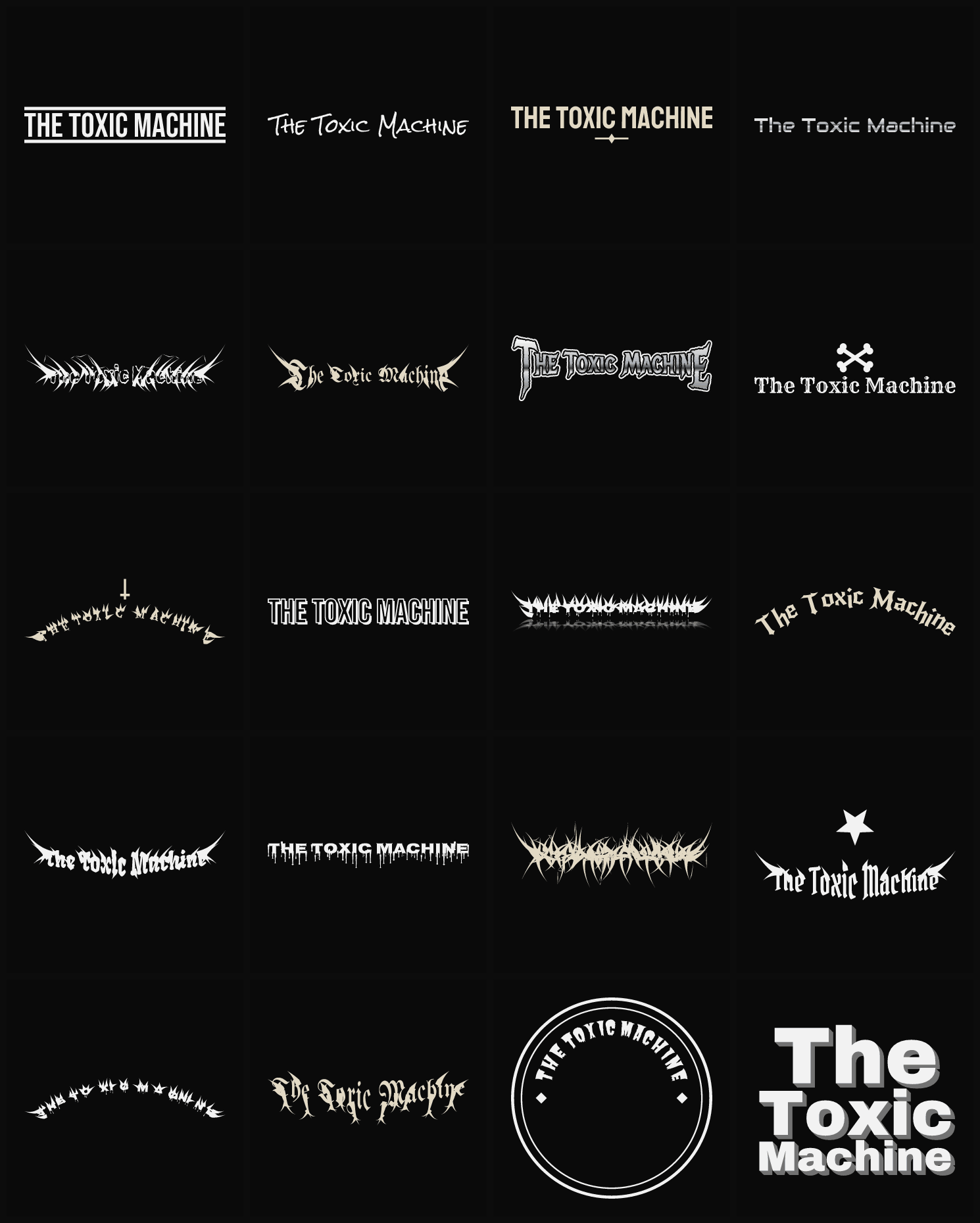 Twenty The Toxic Machine band logo ideas — different faces, treatments and spike settings