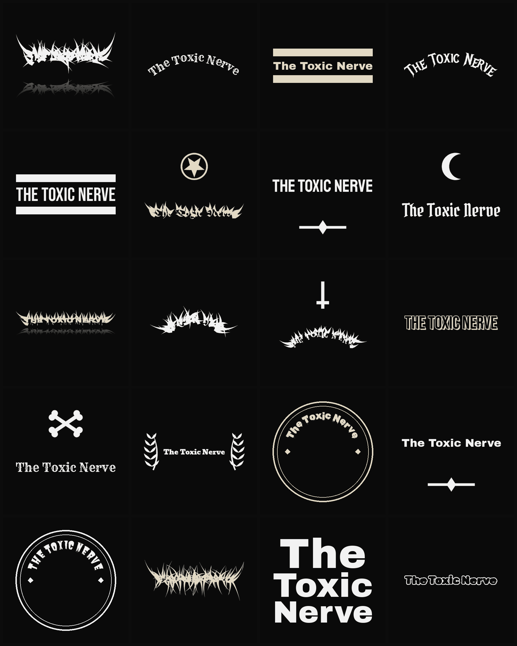 Twenty The Toxic Nerve band logo ideas — different faces, treatments and spike settings