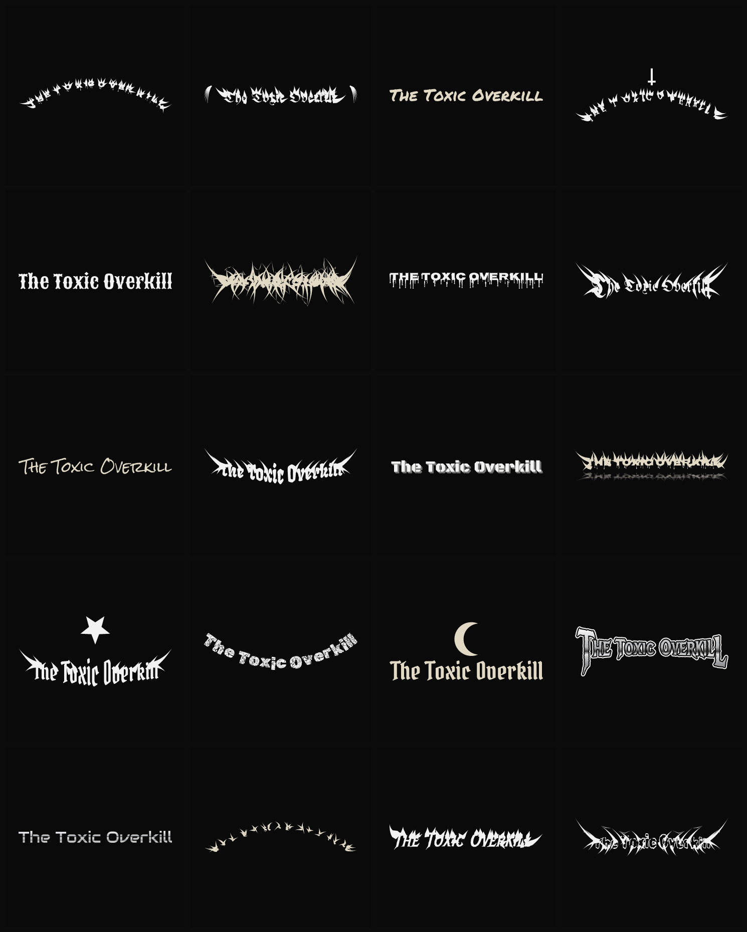 Twenty The Toxic Overkill band logo ideas — different faces, treatments and spike settings