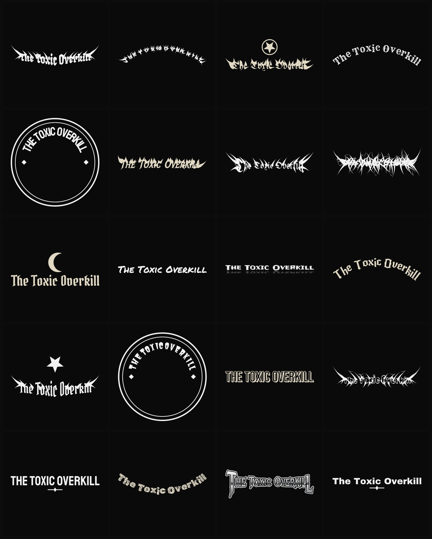Twenty The Toxic Overkill band logo ideas — different faces, treatments and spike settings