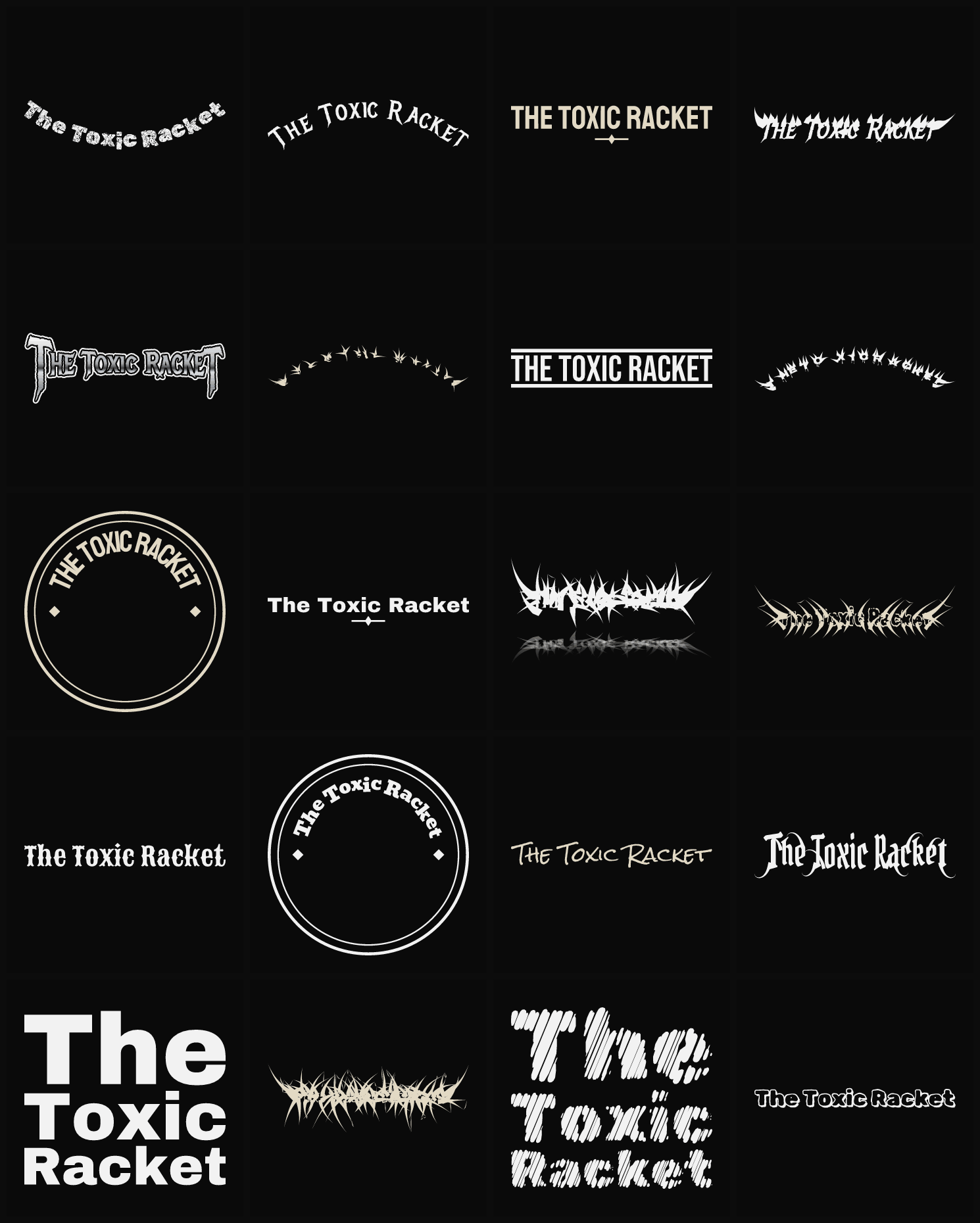 Twenty The Toxic Racket band logo ideas — different faces, treatments and spike settings