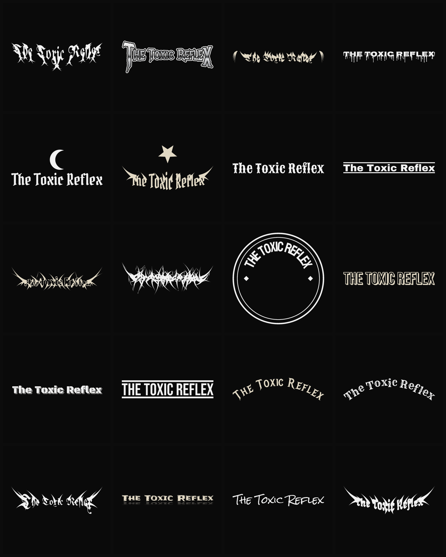 Twenty The Toxic Reflex band logo ideas — different faces, treatments and spike settings