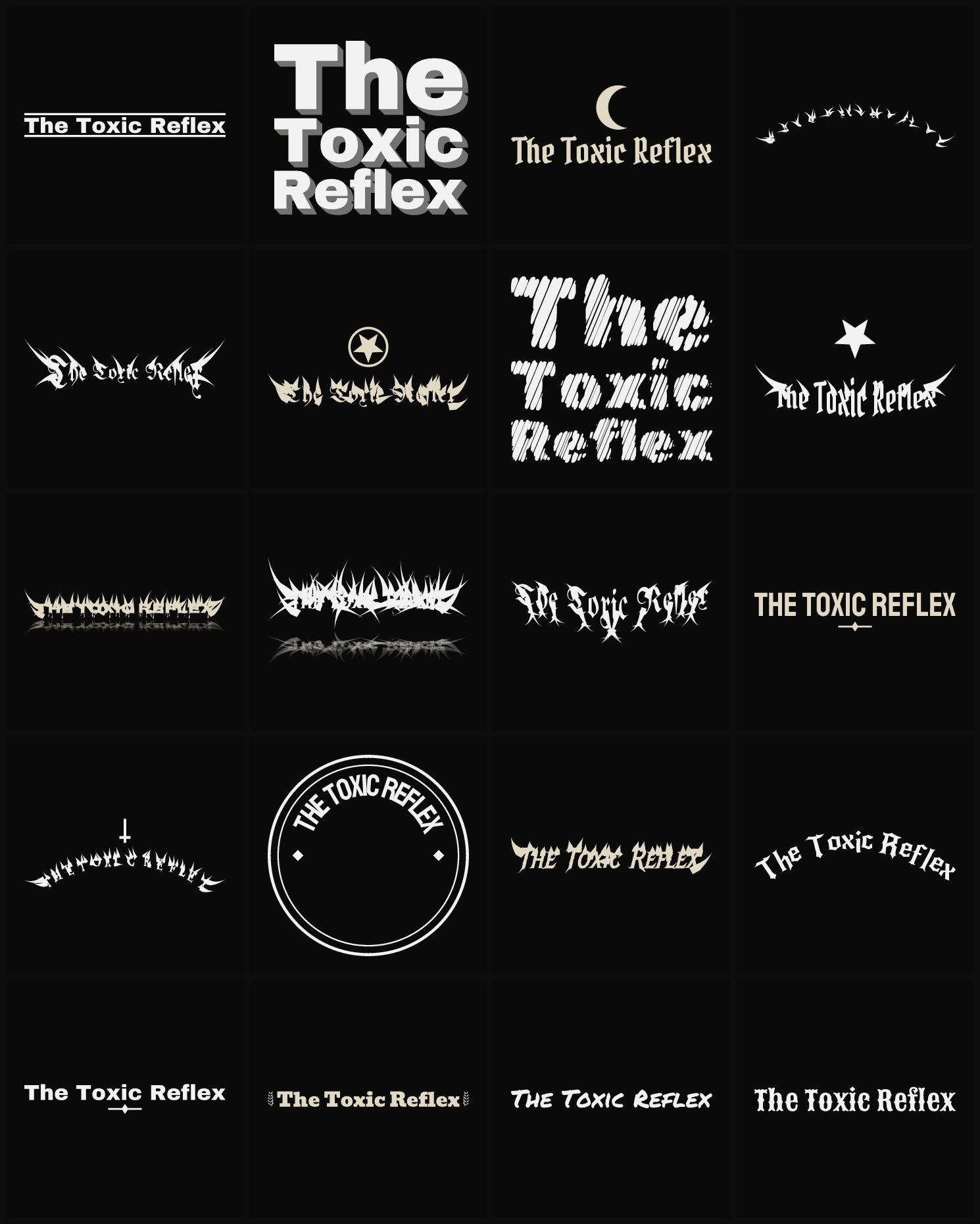 Twenty The Toxic Reflex band logo ideas — different faces, treatments and spike settings