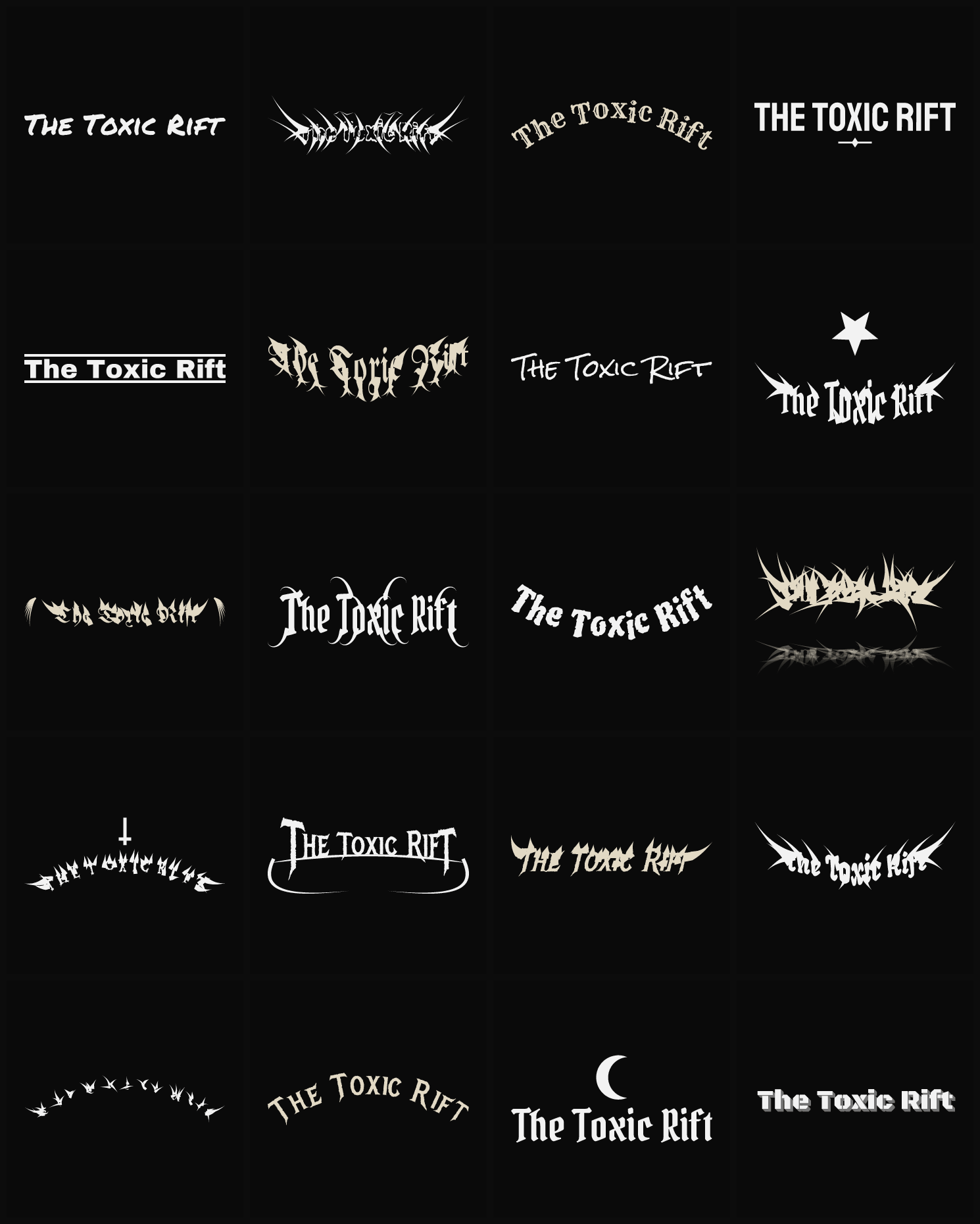 Twenty The Toxic Rift band logo ideas — different faces, treatments and spike settings