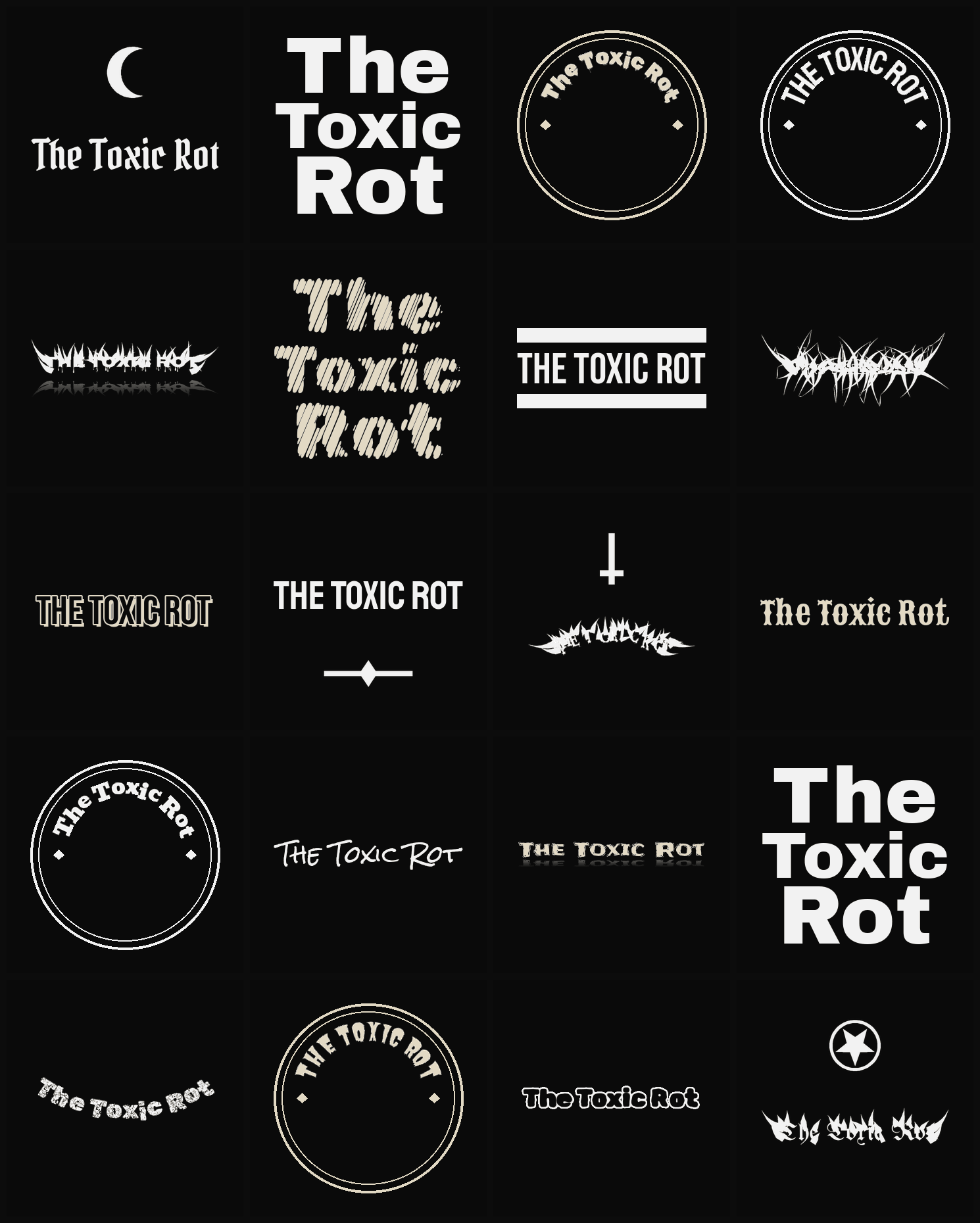 Twenty The Toxic Rot band logo ideas — different faces, treatments and spike settings