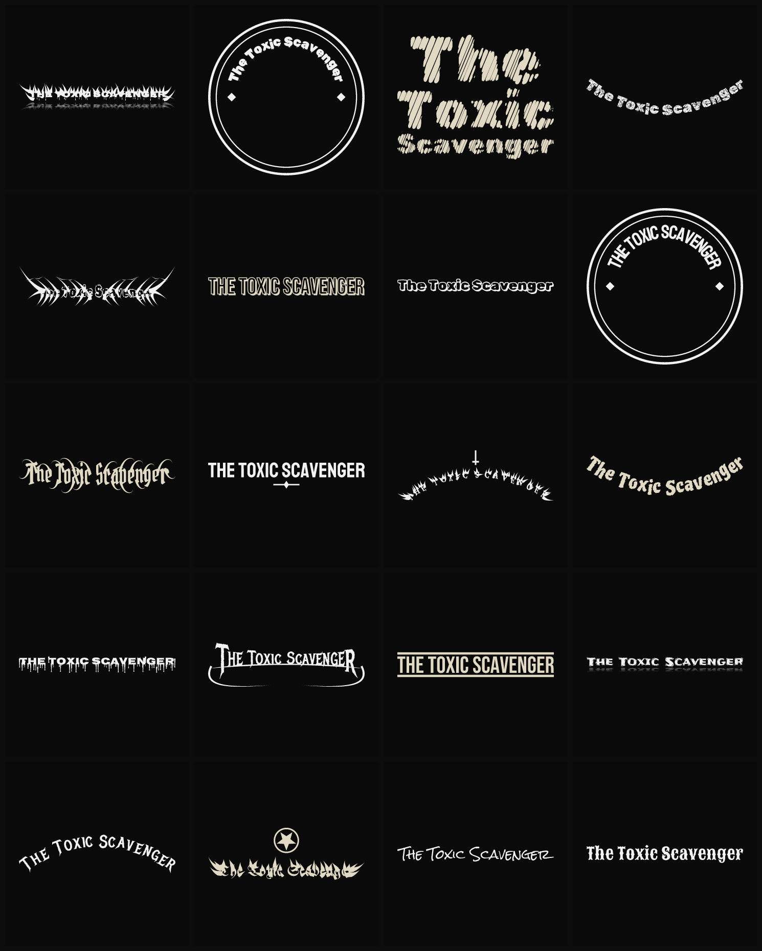 Twenty The Toxic Scavenger band logo ideas — different faces, treatments and spike settings
