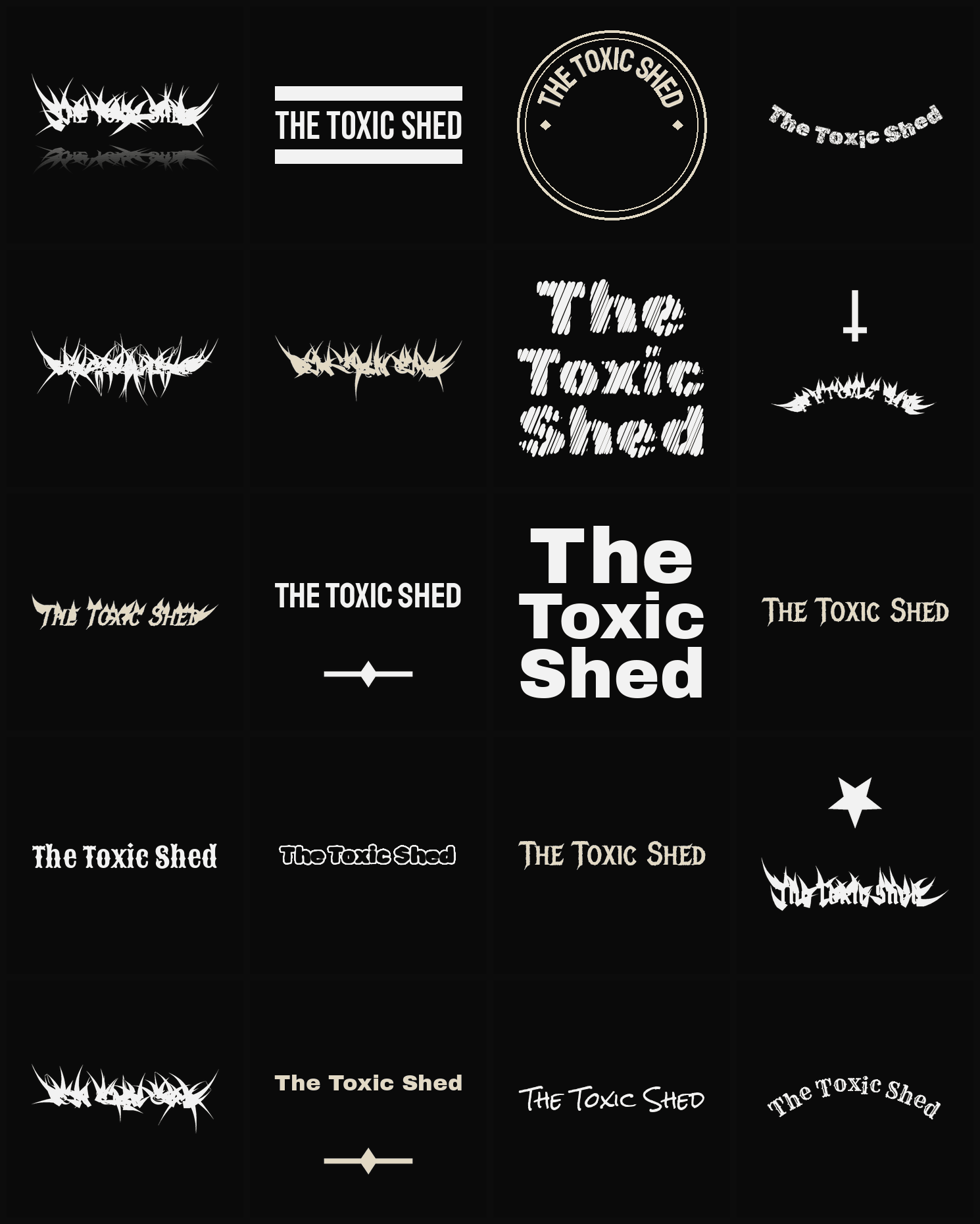 Twenty The Toxic Shed band logo ideas — different faces, treatments and spike settings