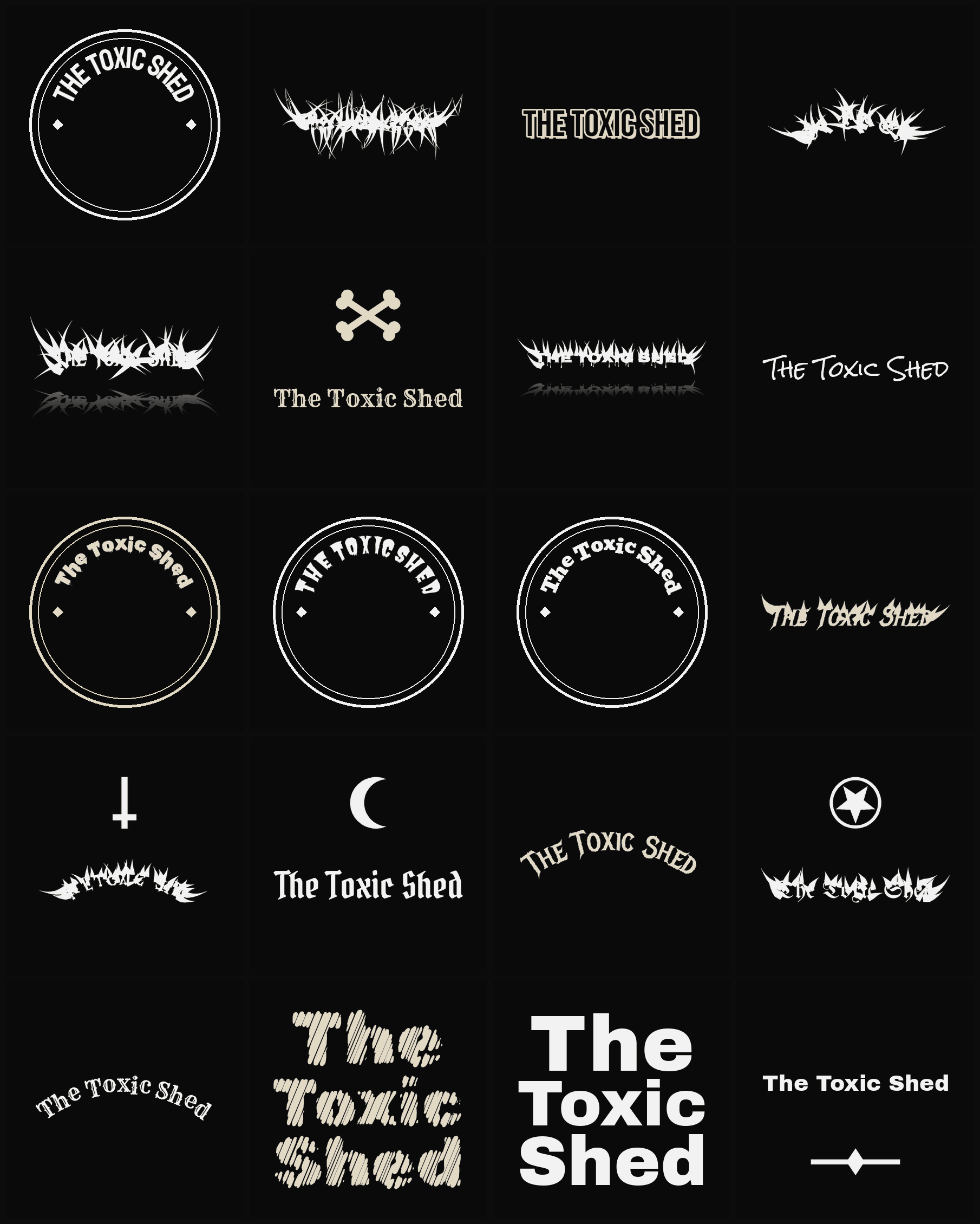 Twenty The Toxic Shed band logo ideas — different faces, treatments and spike settings