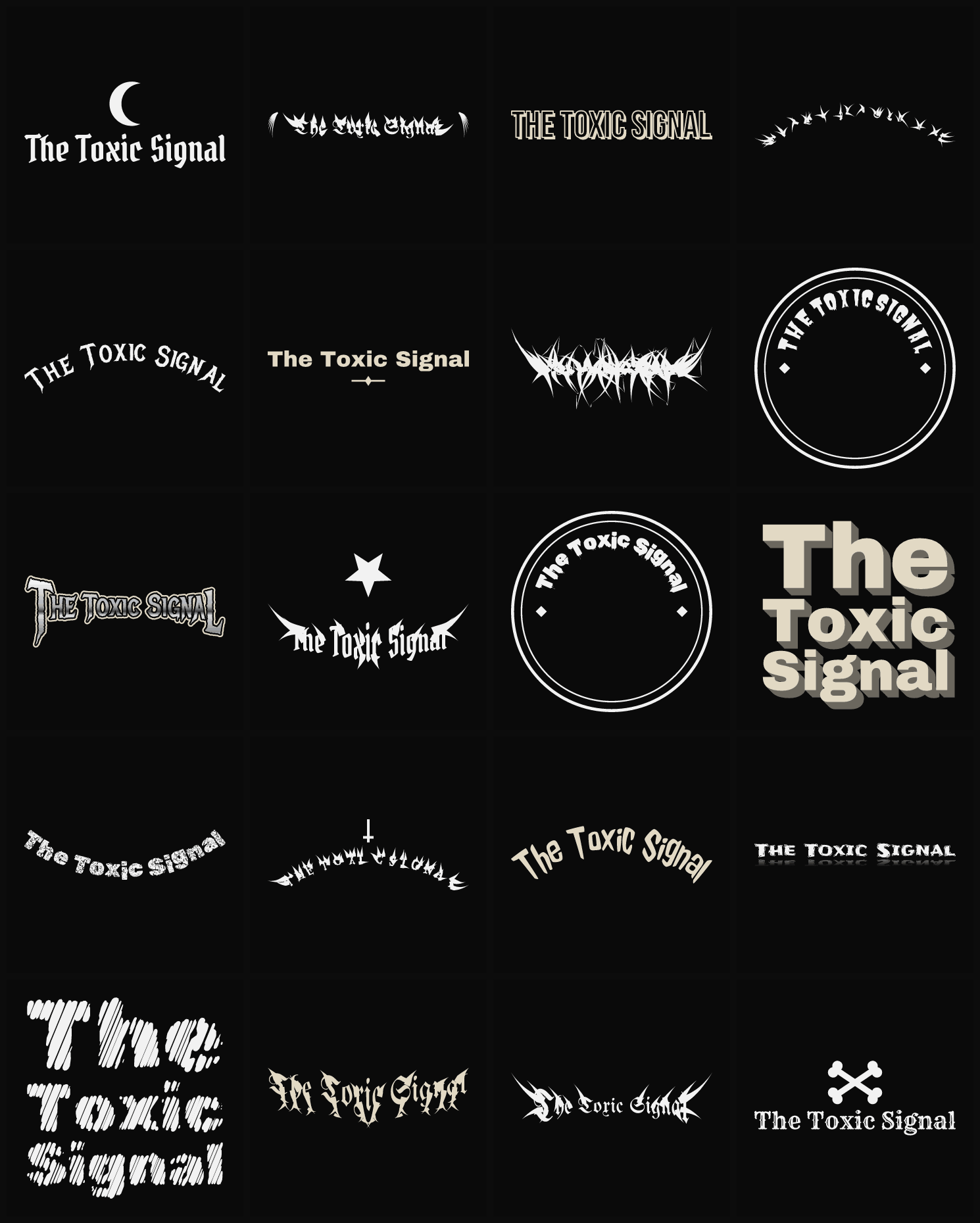 Twenty The Toxic Signal band logo ideas — different faces, treatments and spike settings