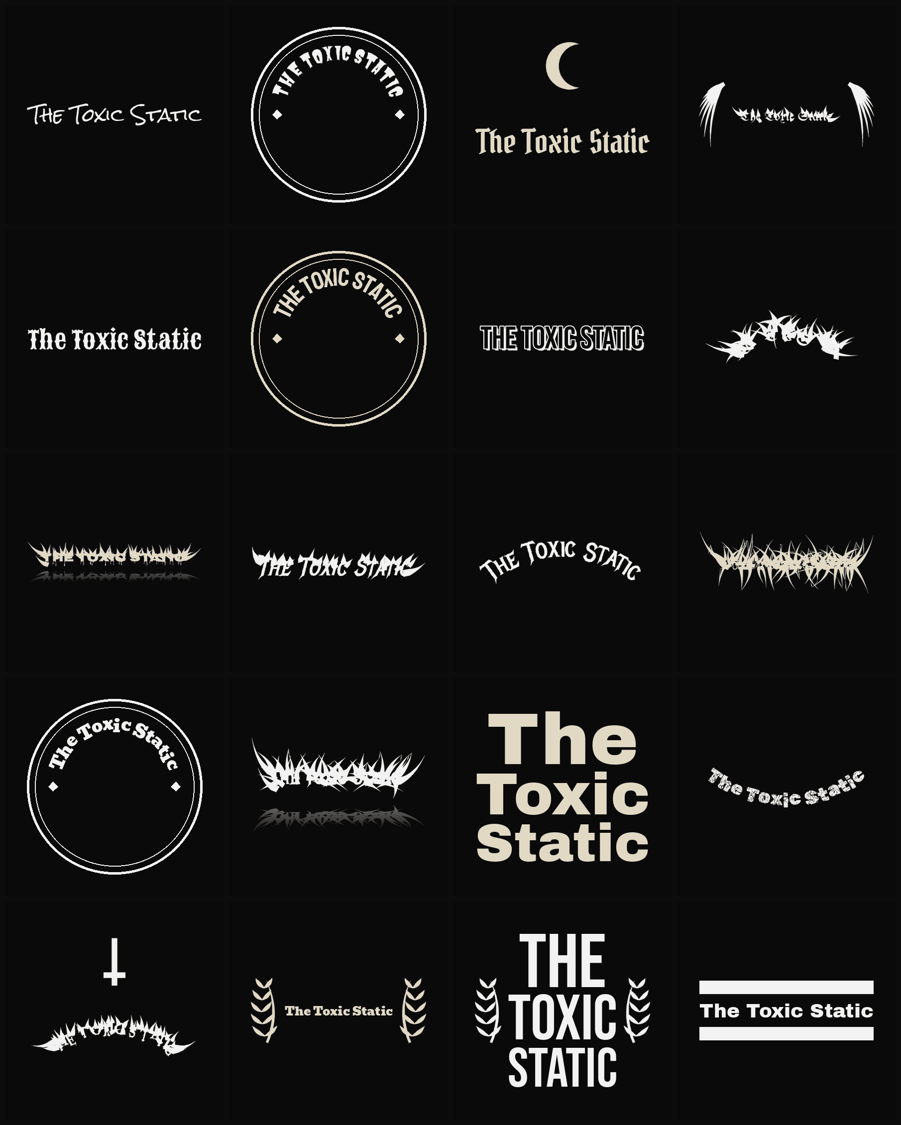 Twenty The Toxic Static band logo ideas — different faces, treatments and spike settings