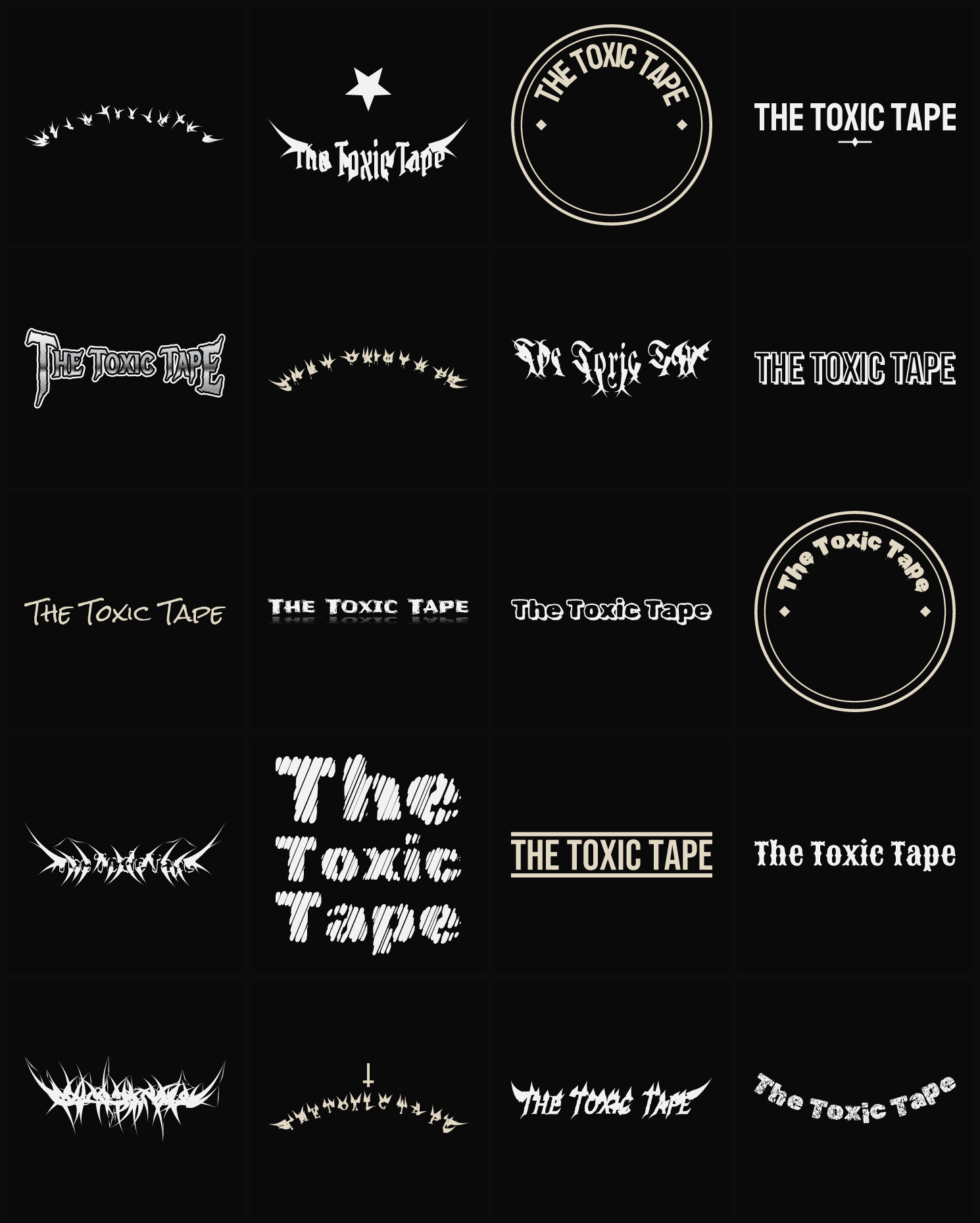 Twenty The Toxic Tape band logo ideas — different faces, treatments and spike settings