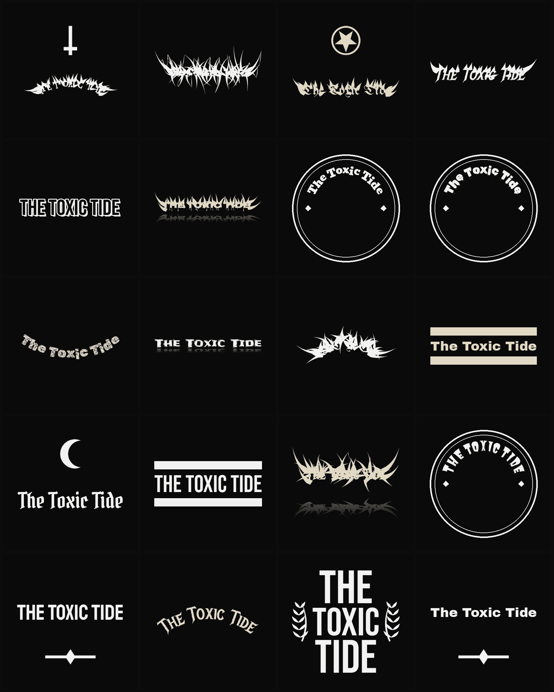 Twenty The Toxic Tide band logo ideas — different faces, treatments and spike settings