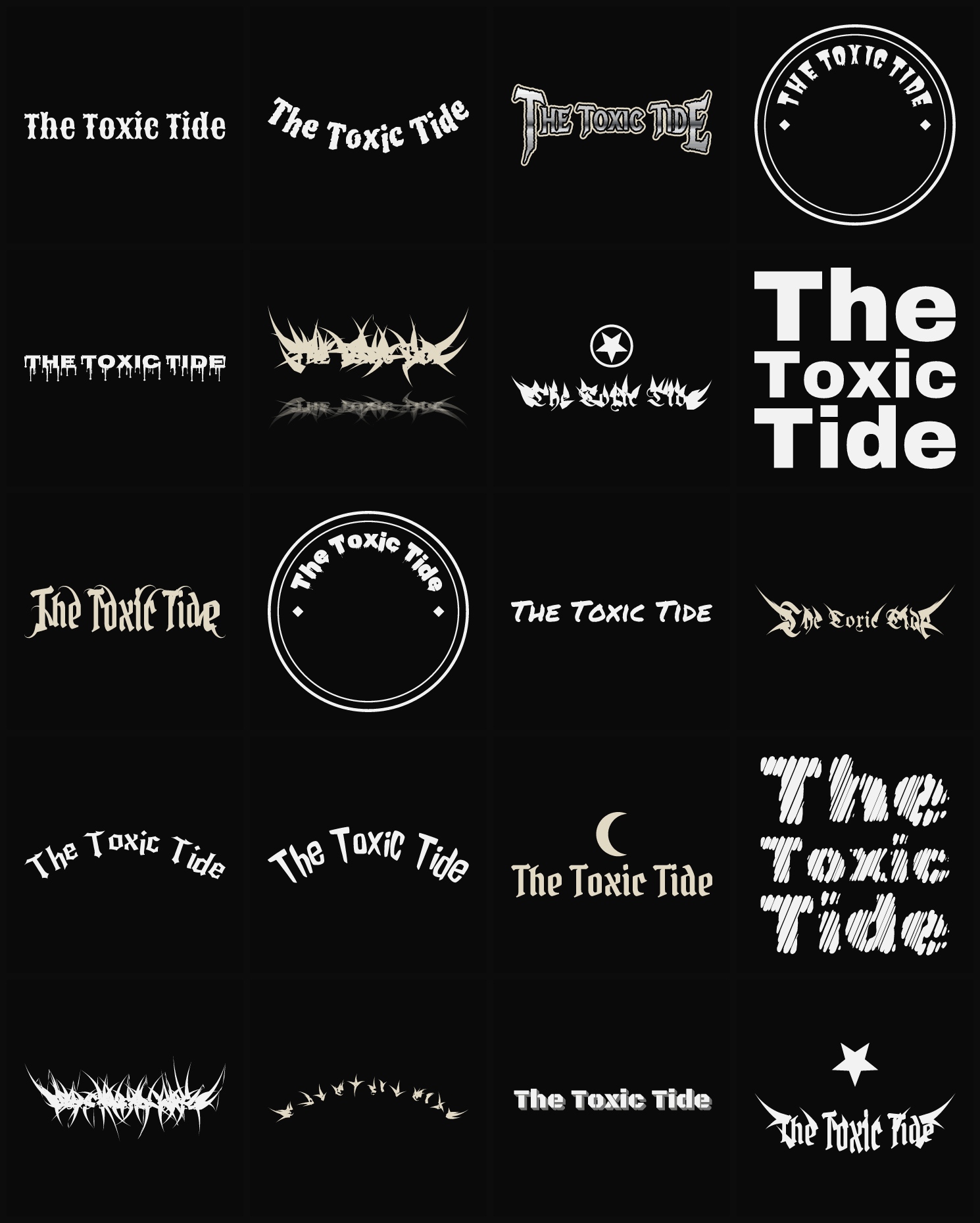 Twenty The Toxic Tide band logo ideas — different faces, treatments and spike settings