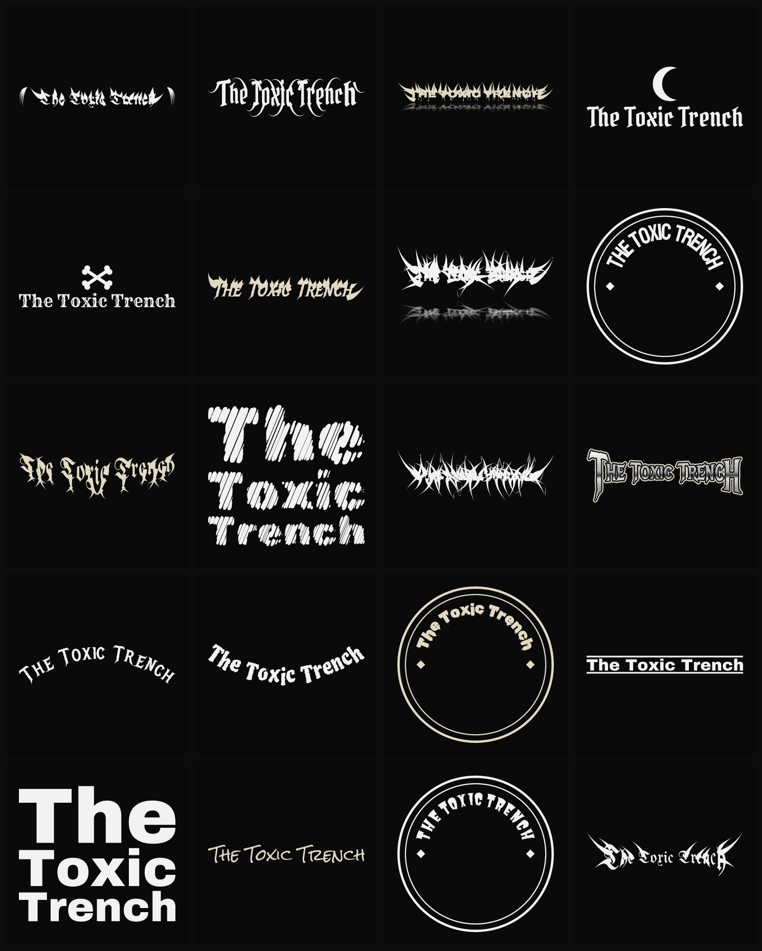 Twenty The Toxic Trench band logo ideas — different faces, treatments and spike settings