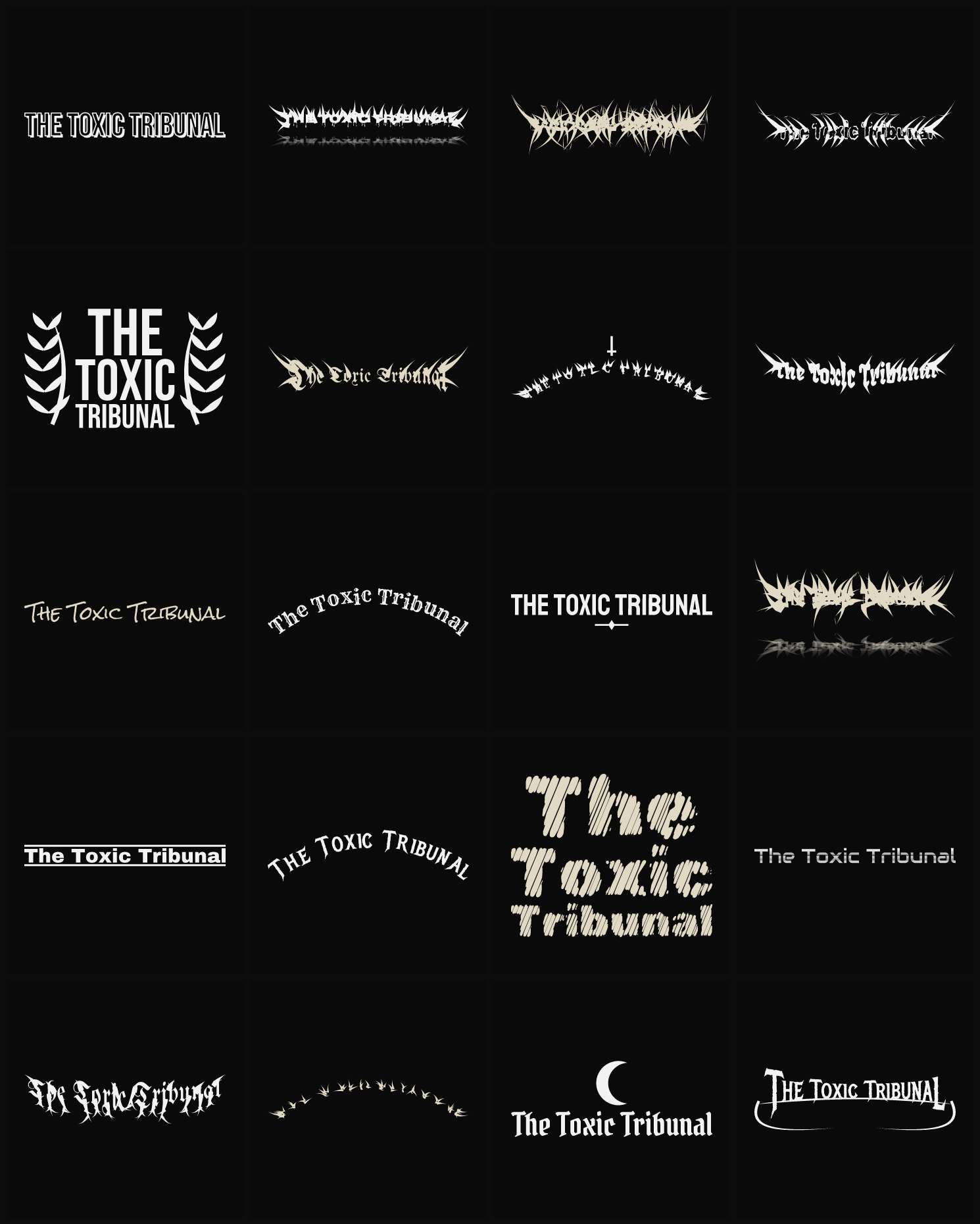Twenty The Toxic Tribunal band logo ideas — different faces, treatments and spike settings