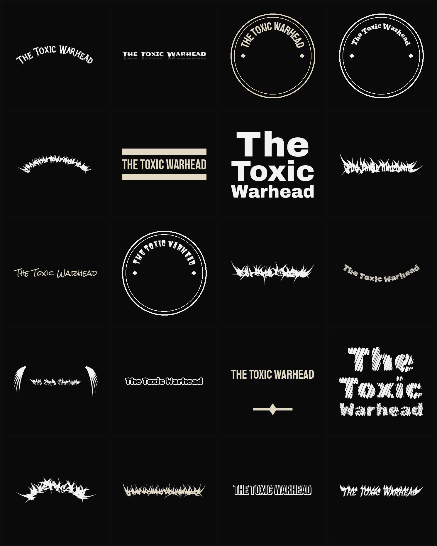 Twenty The Toxic Warhead band logo ideas — different faces, treatments and spike settings