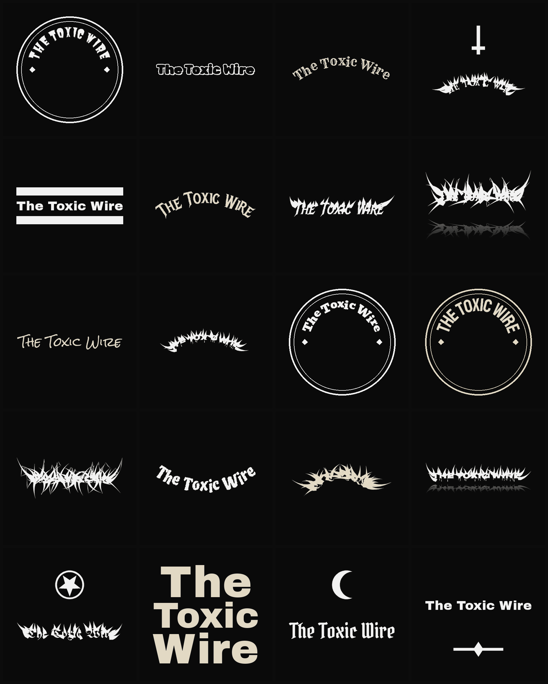 Twenty The Toxic Wire band logo ideas — different faces, treatments and spike settings